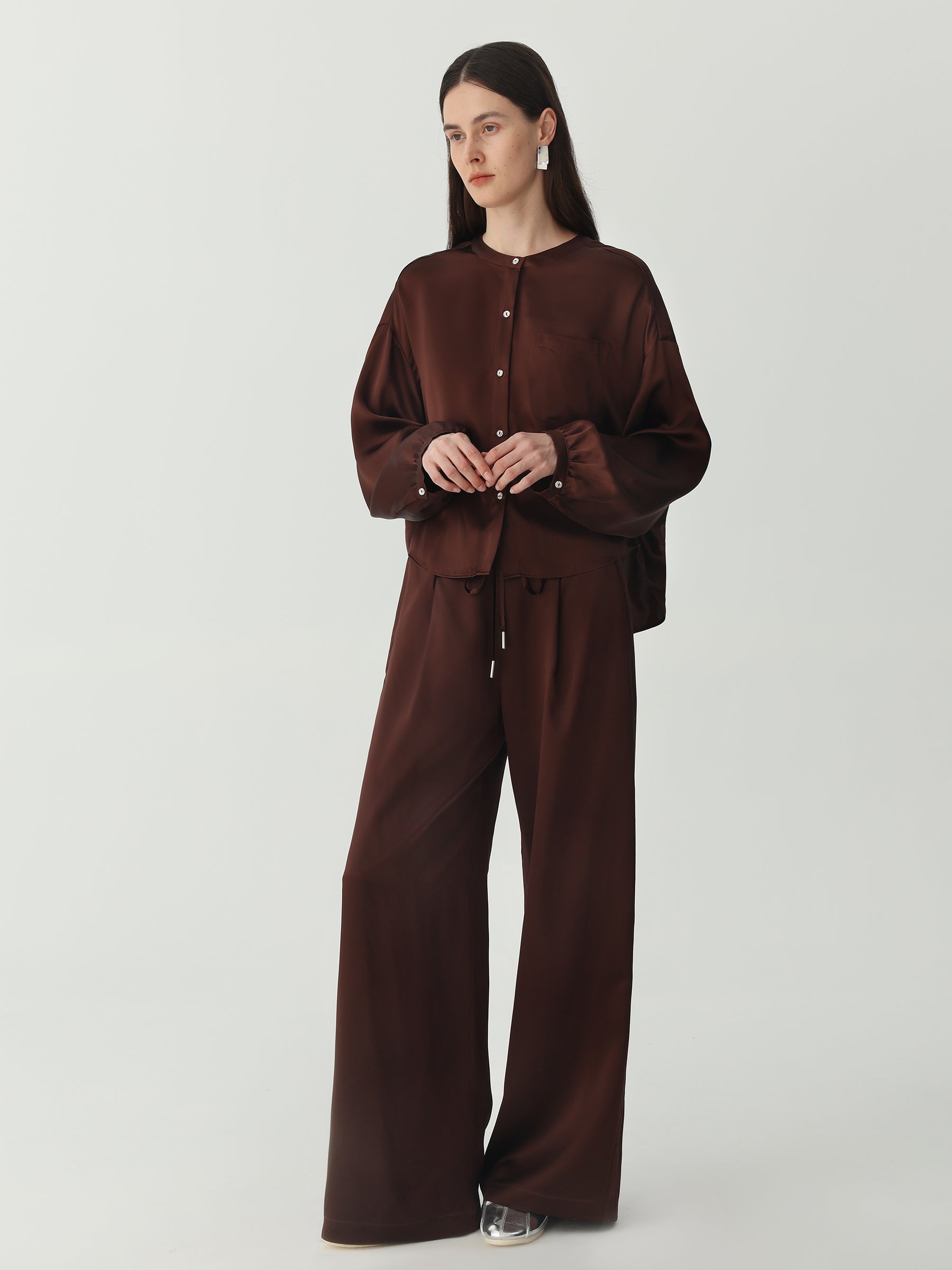 Lantern Sleeve Silk Shirt #color_Choclate