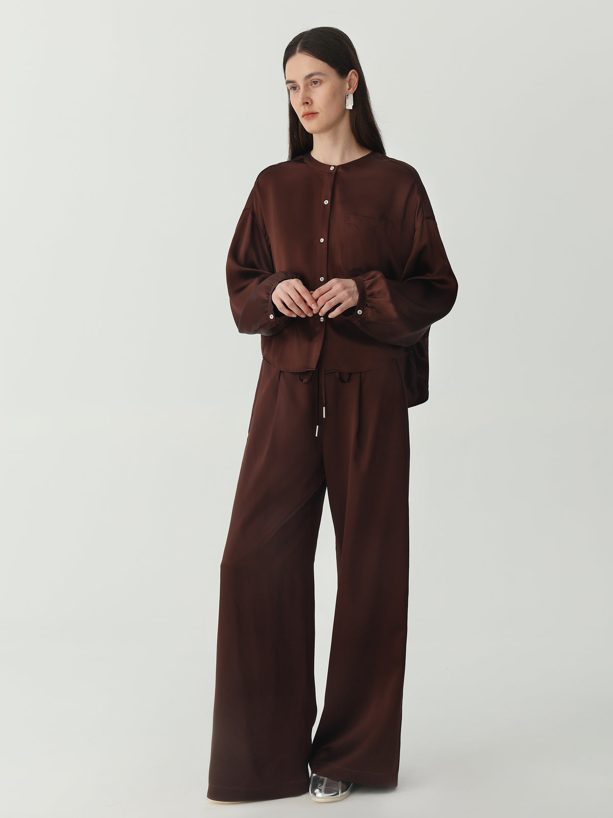 Lantern Sleeve Silk Shirt #color_Chocolate
