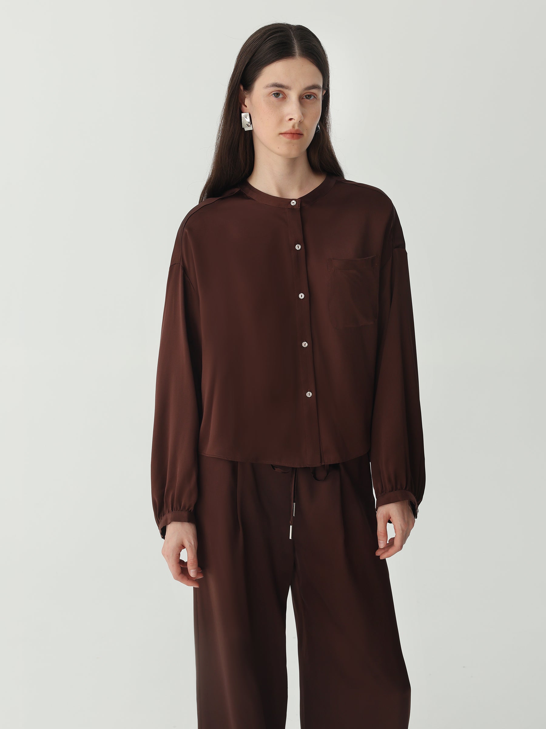 Lantern Sleeve Silk Shirt #color_Choclate