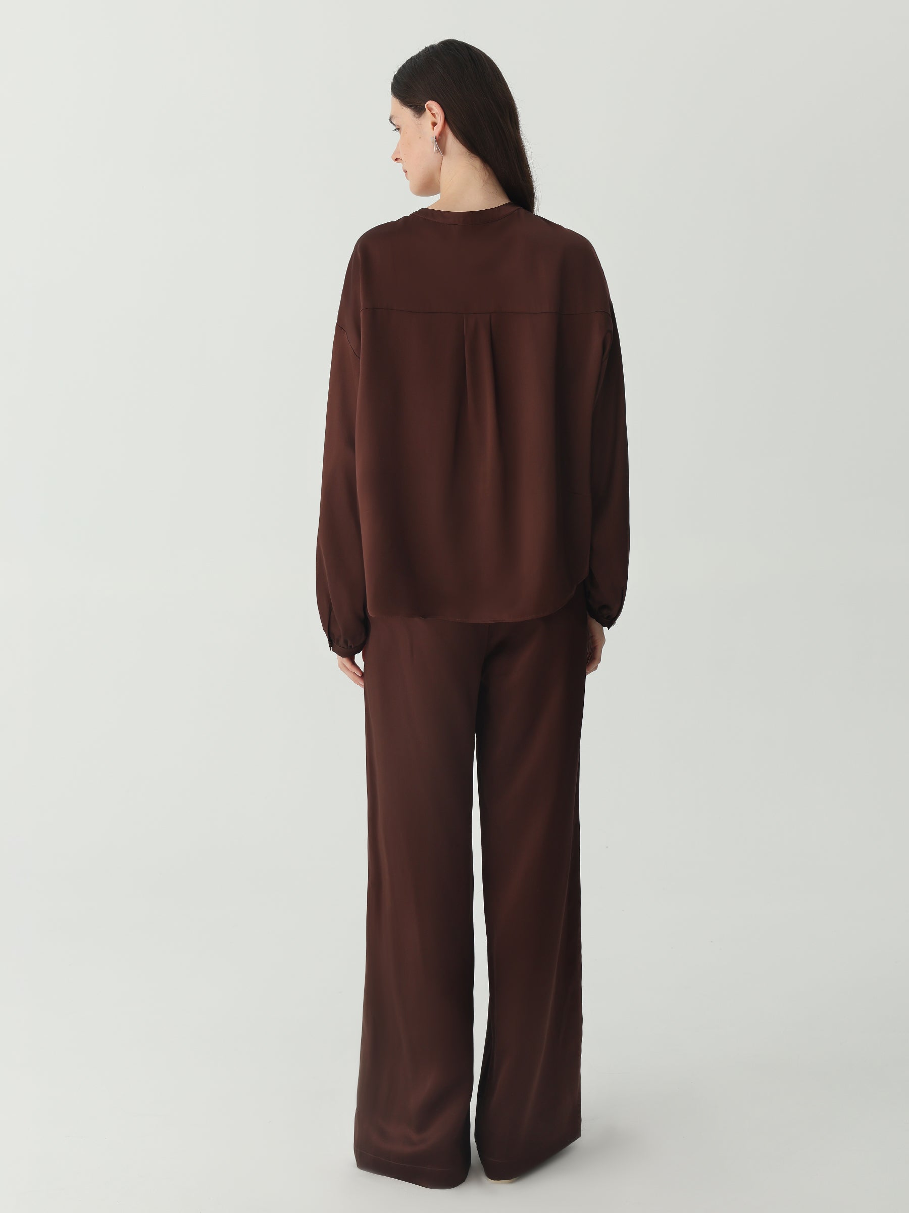 Lantern Sleeve Silk Shirt #color_Choclate