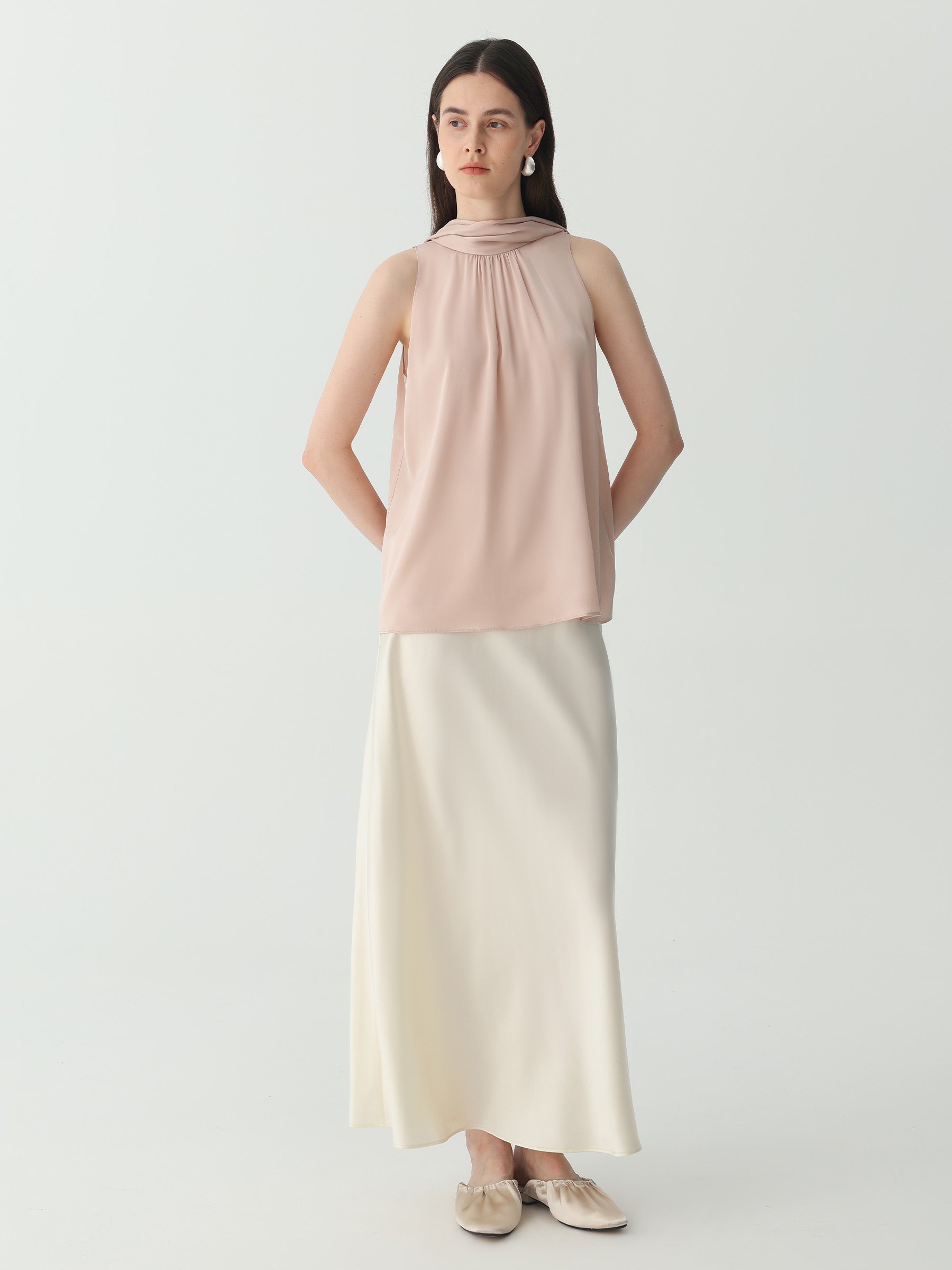 Ankle-length Midi Skirt in Silk #color_Ivory White
