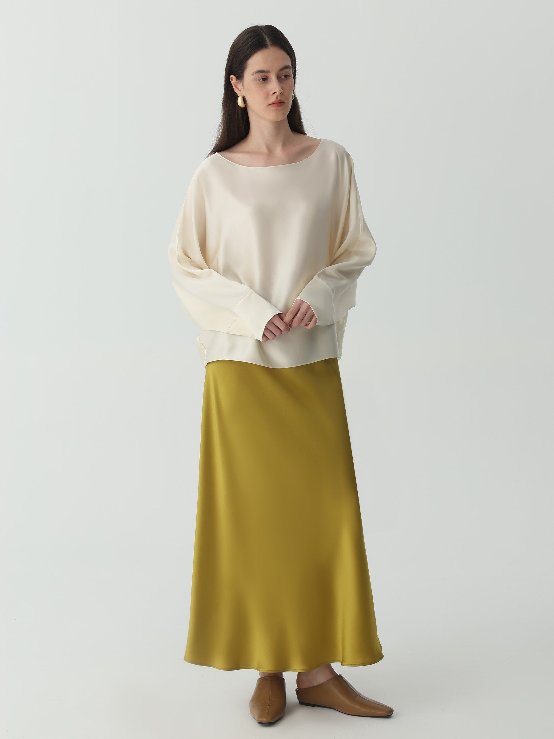 Ankle-length Midi Skirt in Silk #color_Leaf Yellow