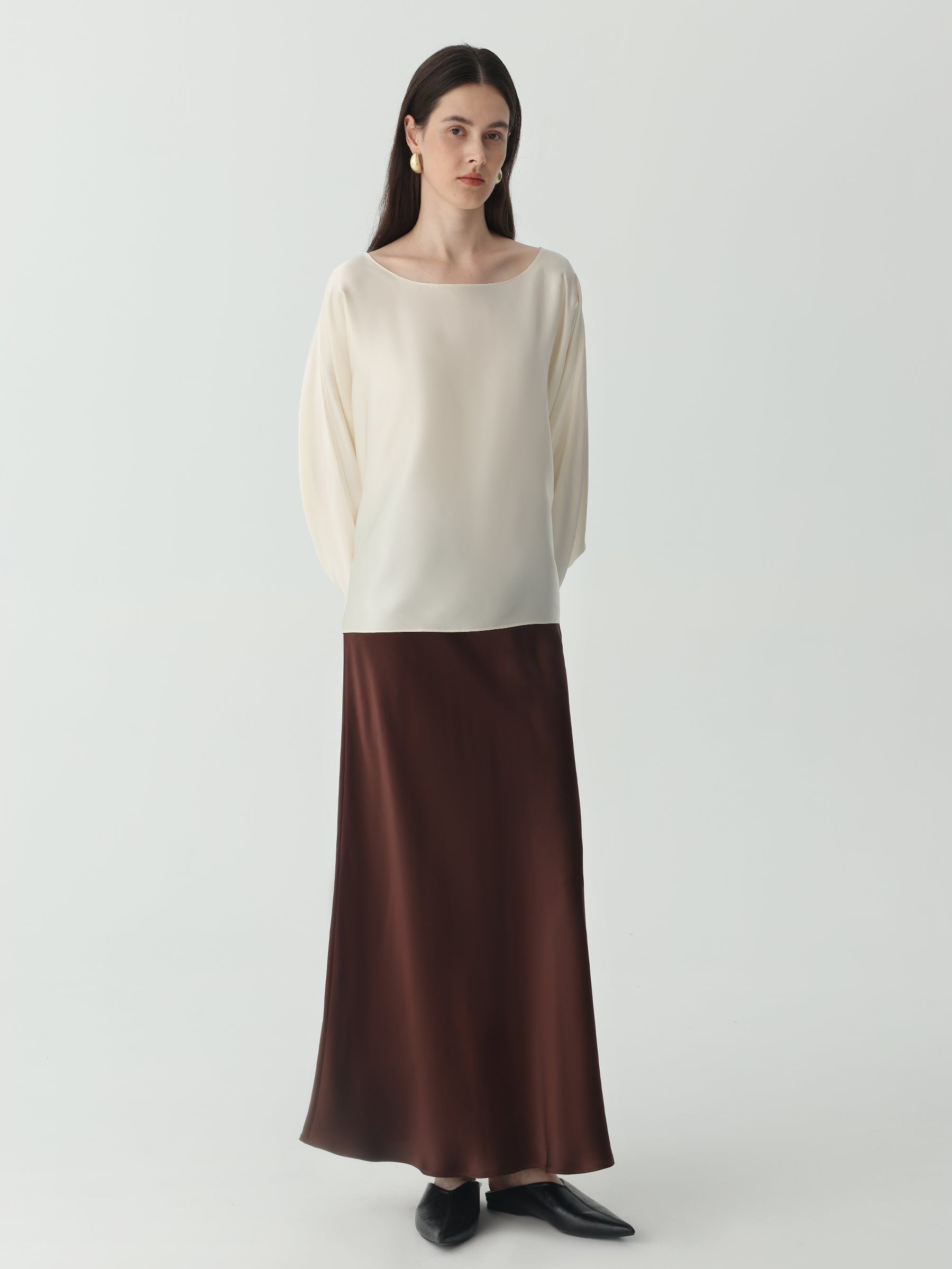 Ankle-length Midi Skirt in Silk #color_Chocolate