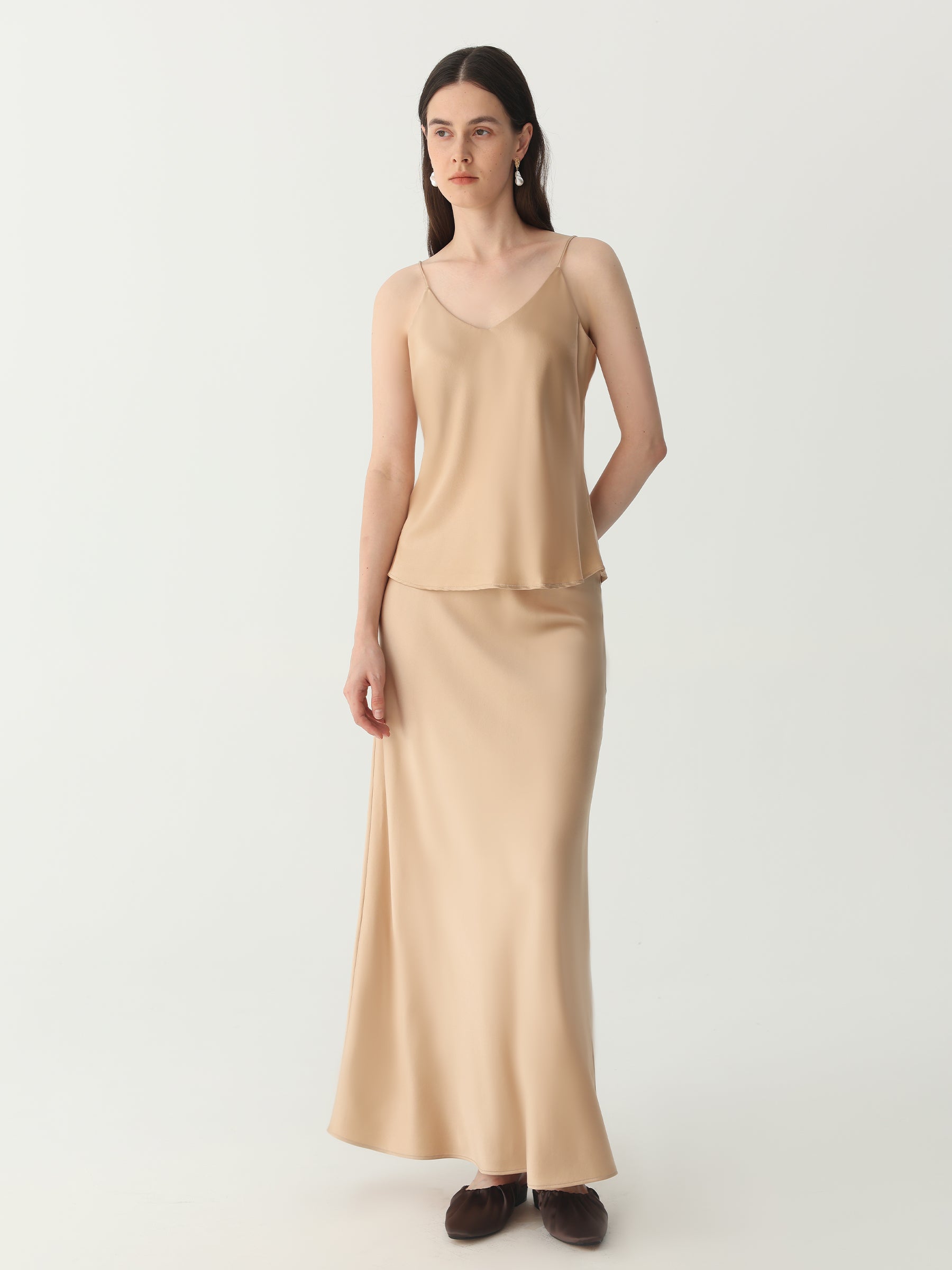 Ankle-length Midi Skirt in Silk #color_Light Gold