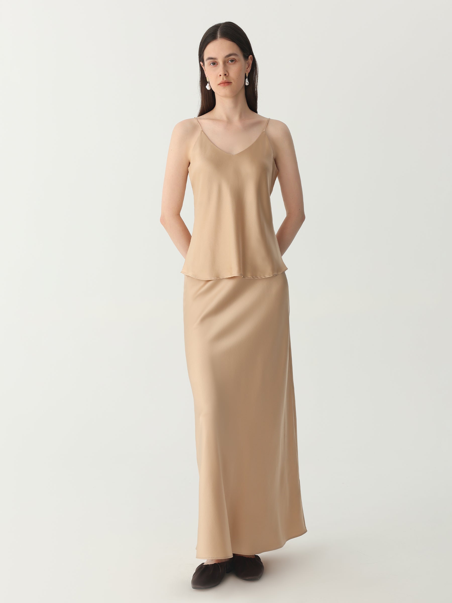 Ankle-length Midi Skirt in Silk #color_Light Gold