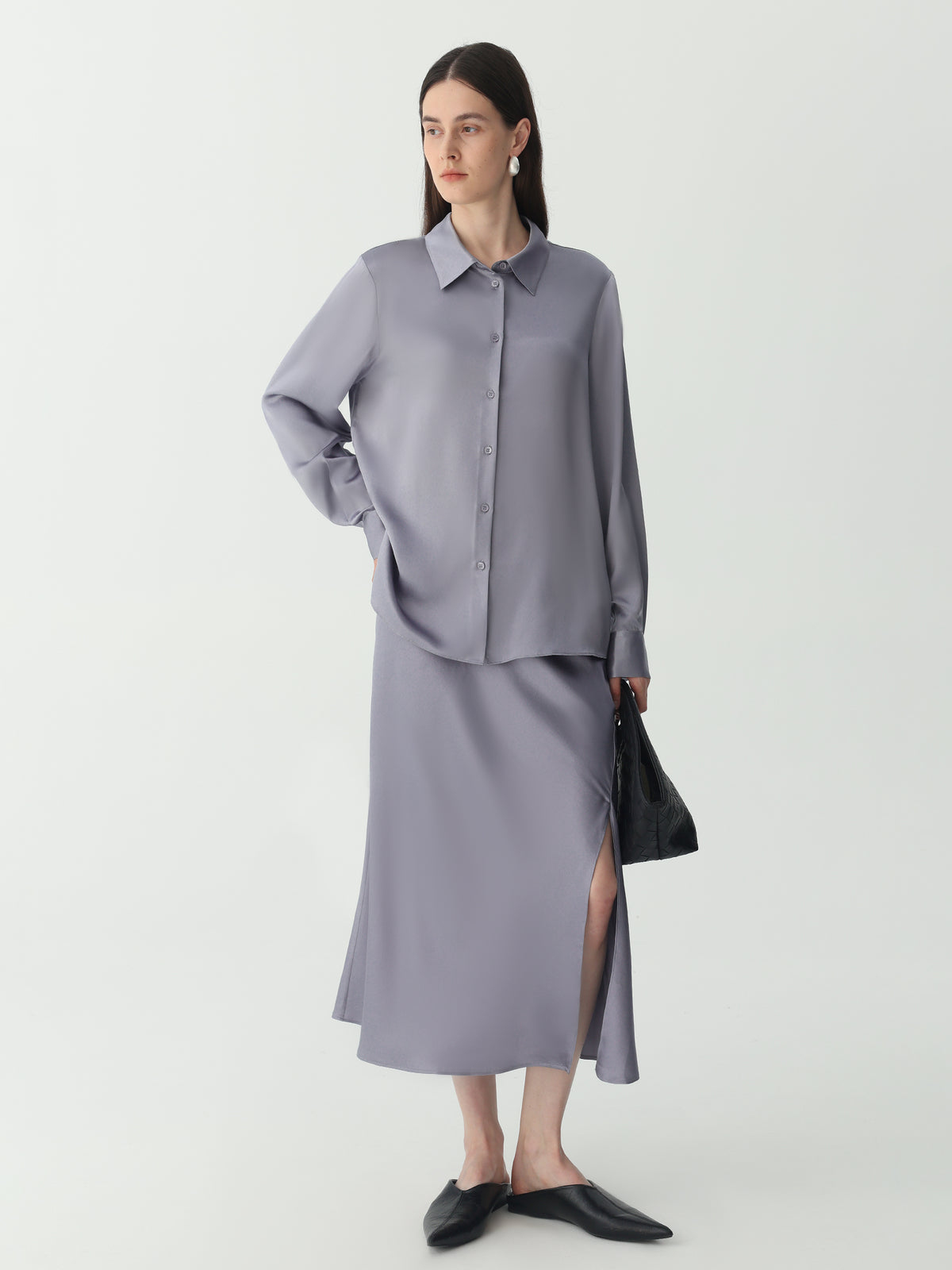 Side Split Midi Skirt #color_Indigo Gray