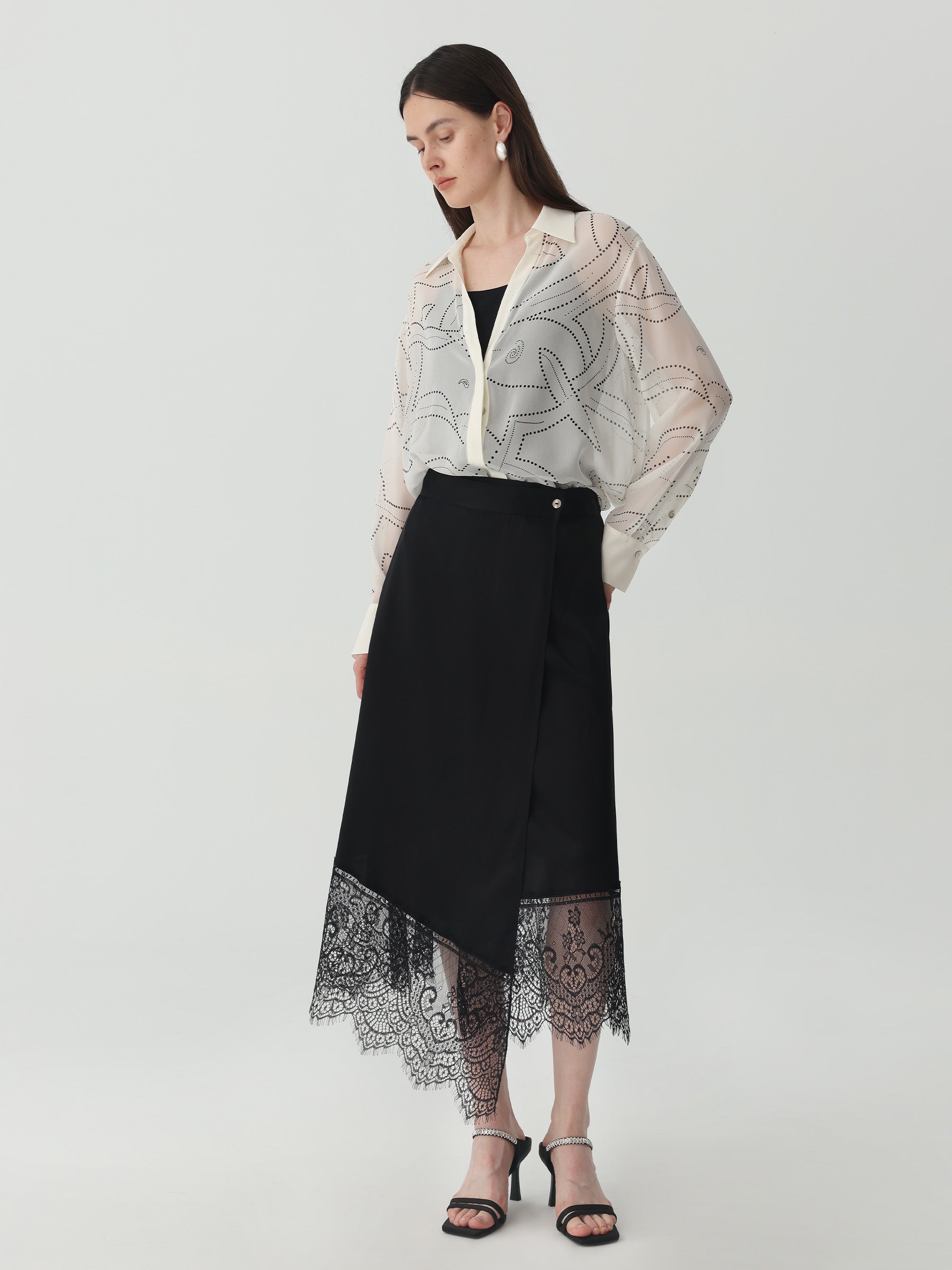 Asymmetrical Lace-Trimmed Midi Skirt #color_Black