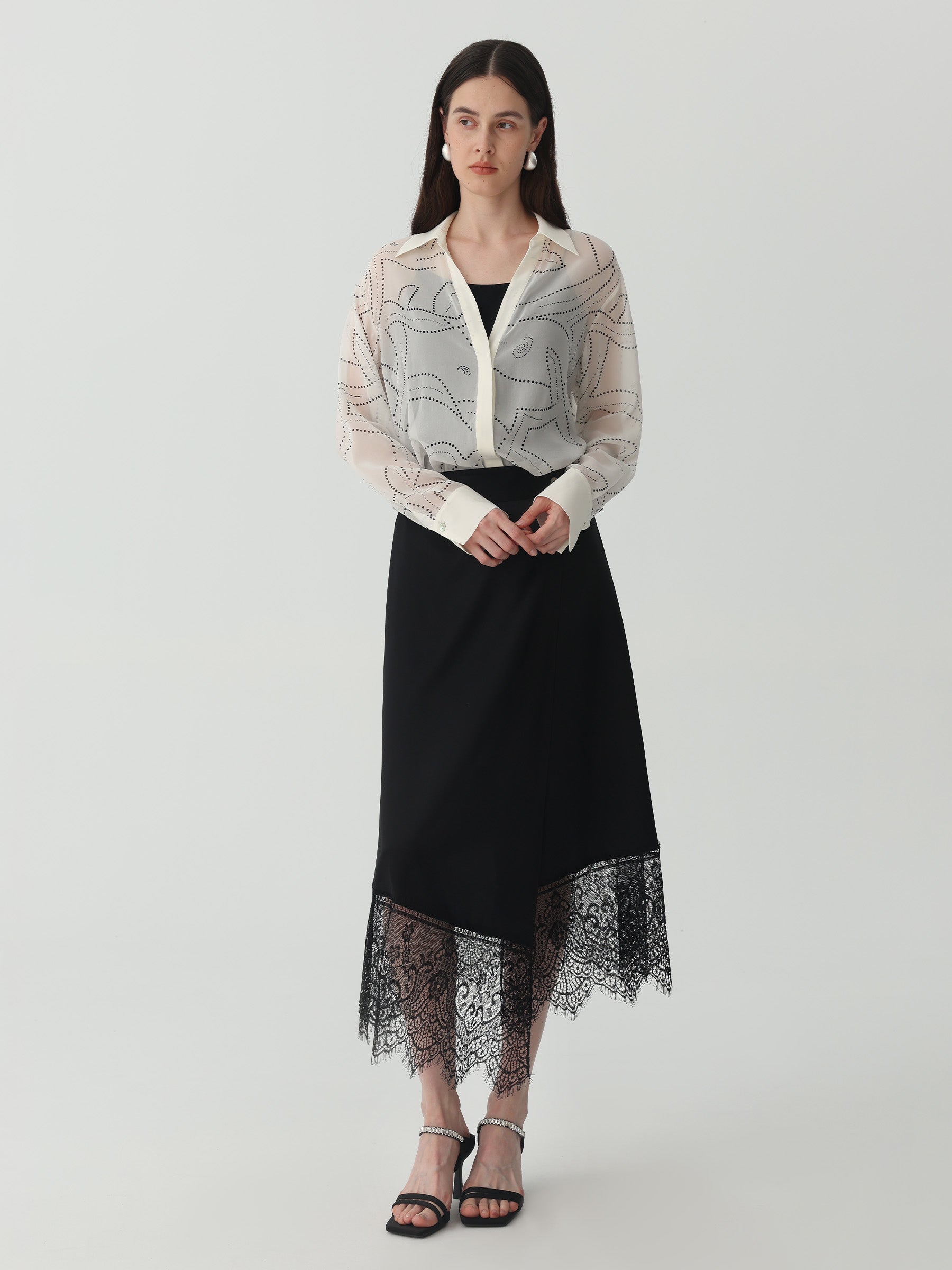 Asymmetrical Lace-Trimmed Midi Skirt #color_Black