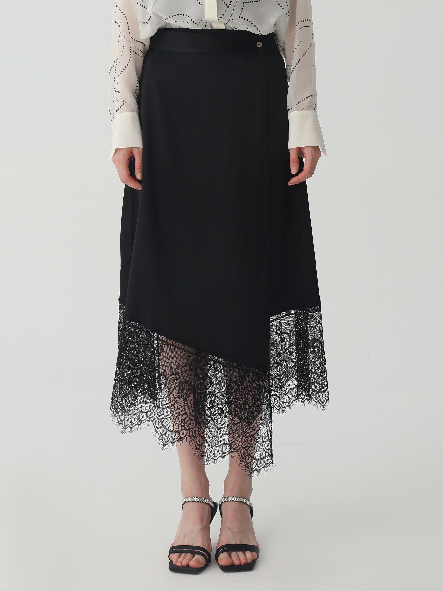 Asymmetrical Lace-Trimmed Midi Skirt #color_Black