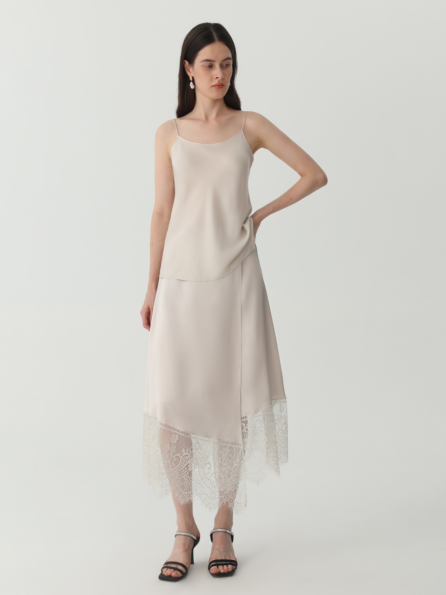 Asymmetrical Lace-Trimmed Midi Skirt #color_Silver Gray