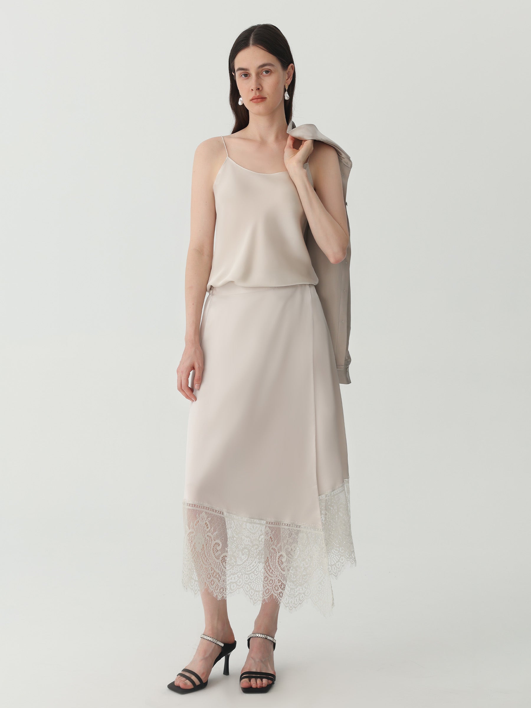 Asymmetrical Lace-Trimmed Midi Skirt #color_Silver Gray