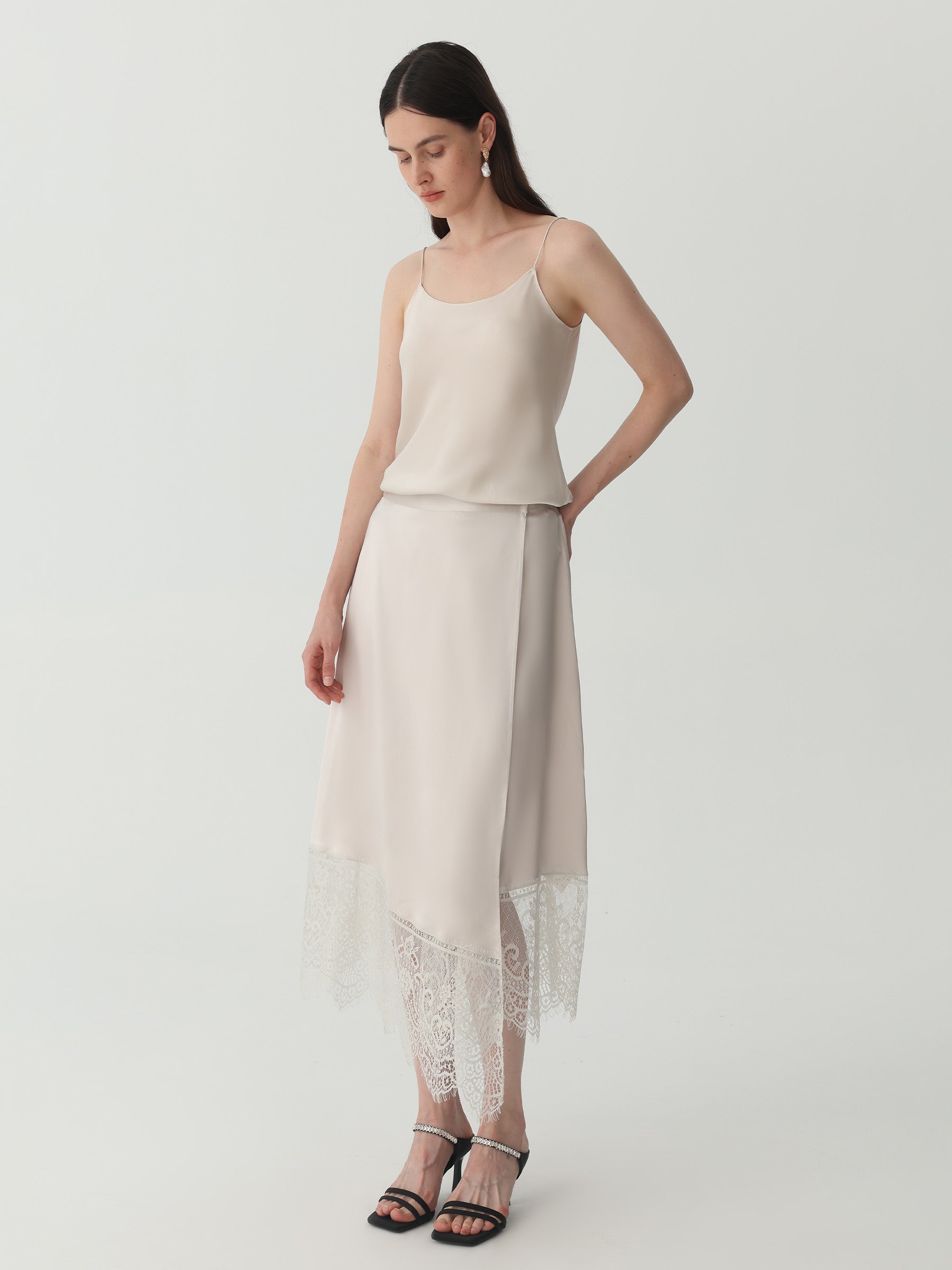 Asymmetrical Lace-Trimmed Midi Skirt #color_Silver Gray