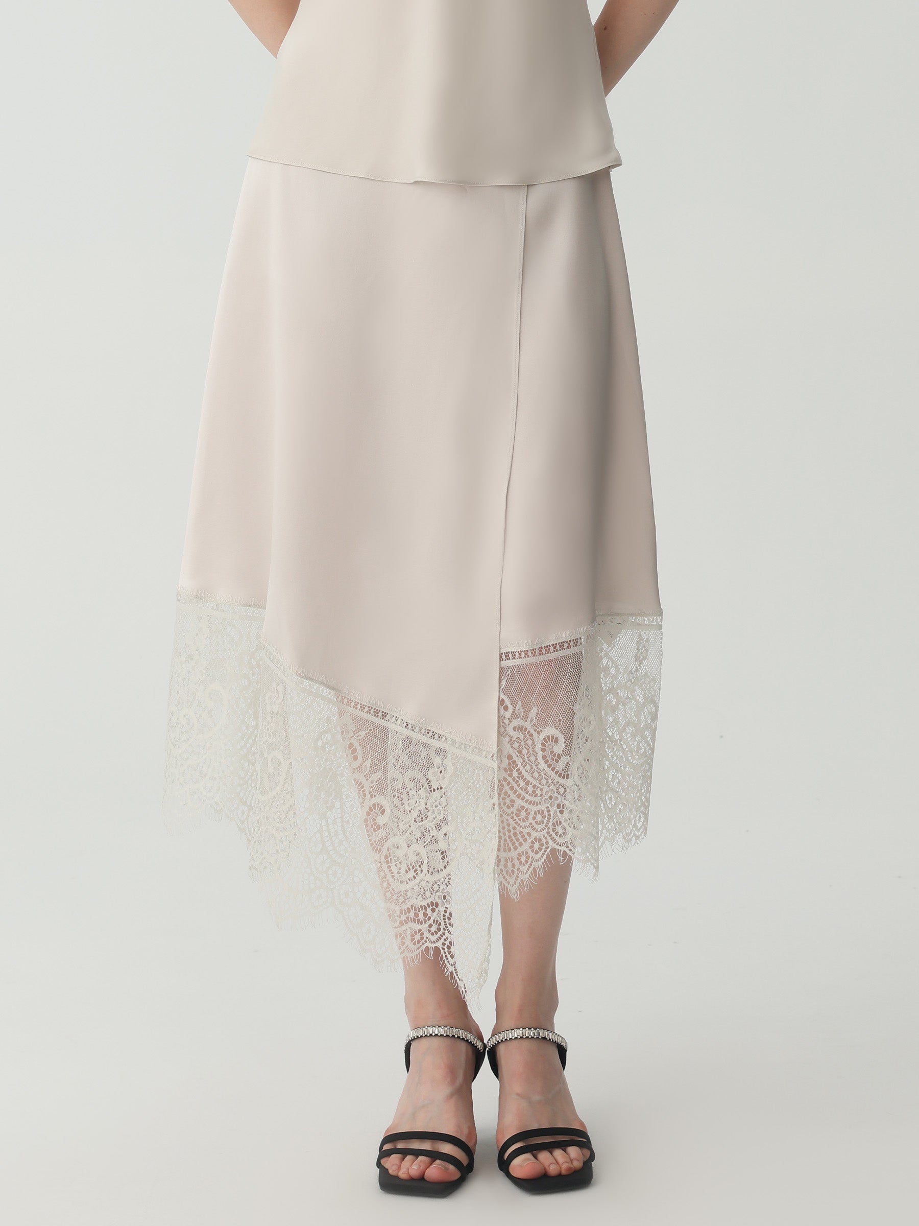 Asymmetrical Lace-Trimmed Midi Skirt #color_Silver Gray