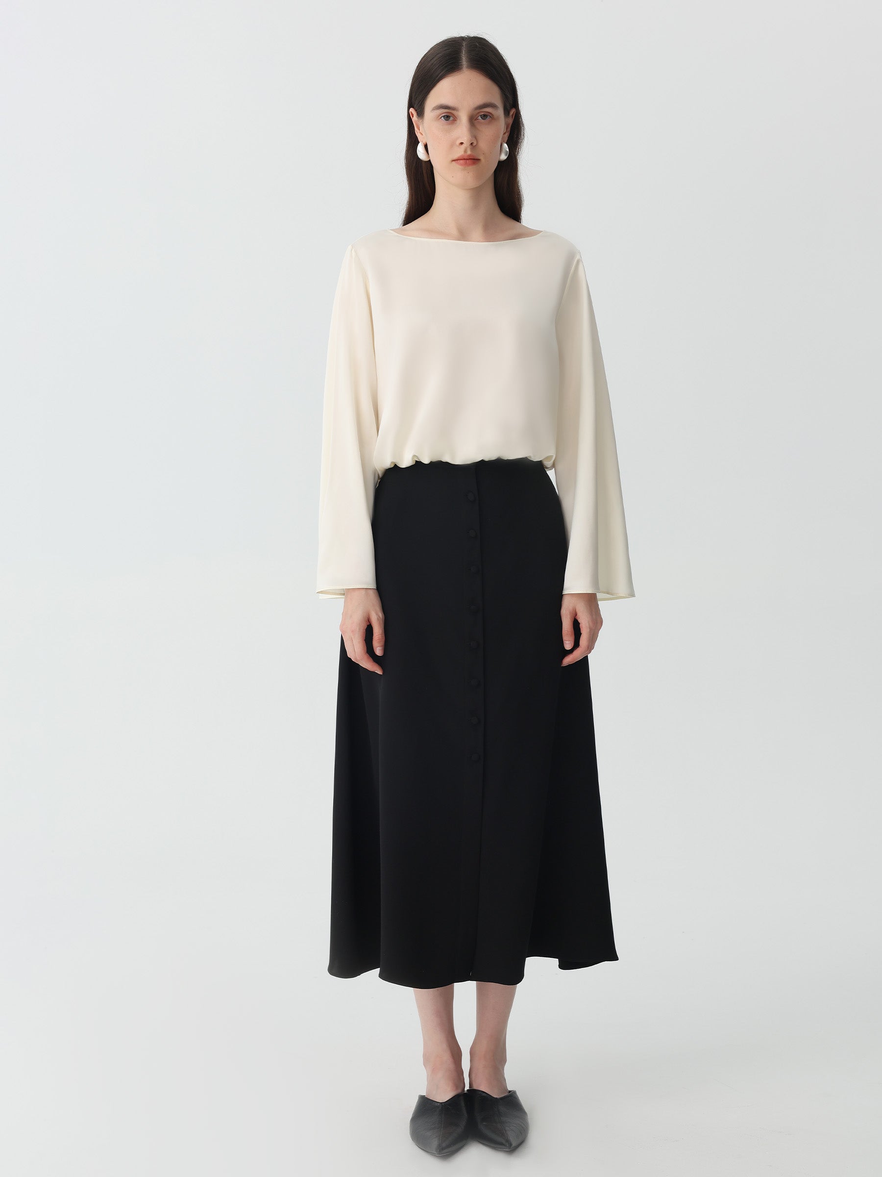 Button-down Silk Midi Skirt #color_Black