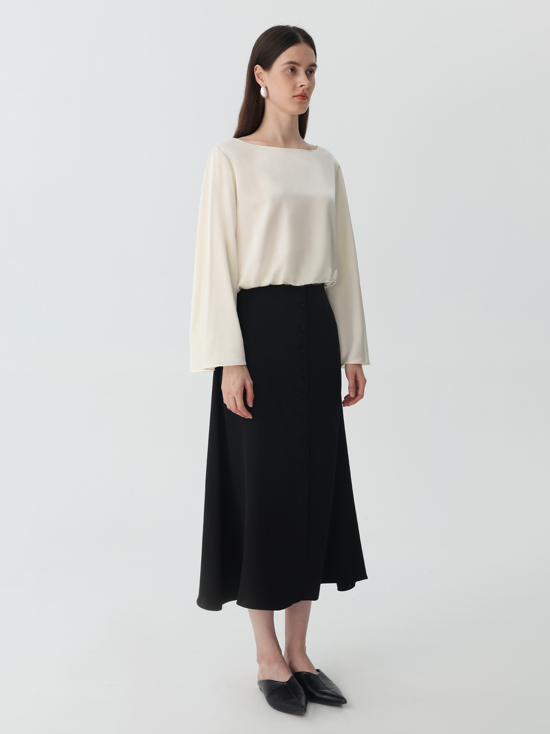 Button-down Silk Midi Skirt #color_Black
