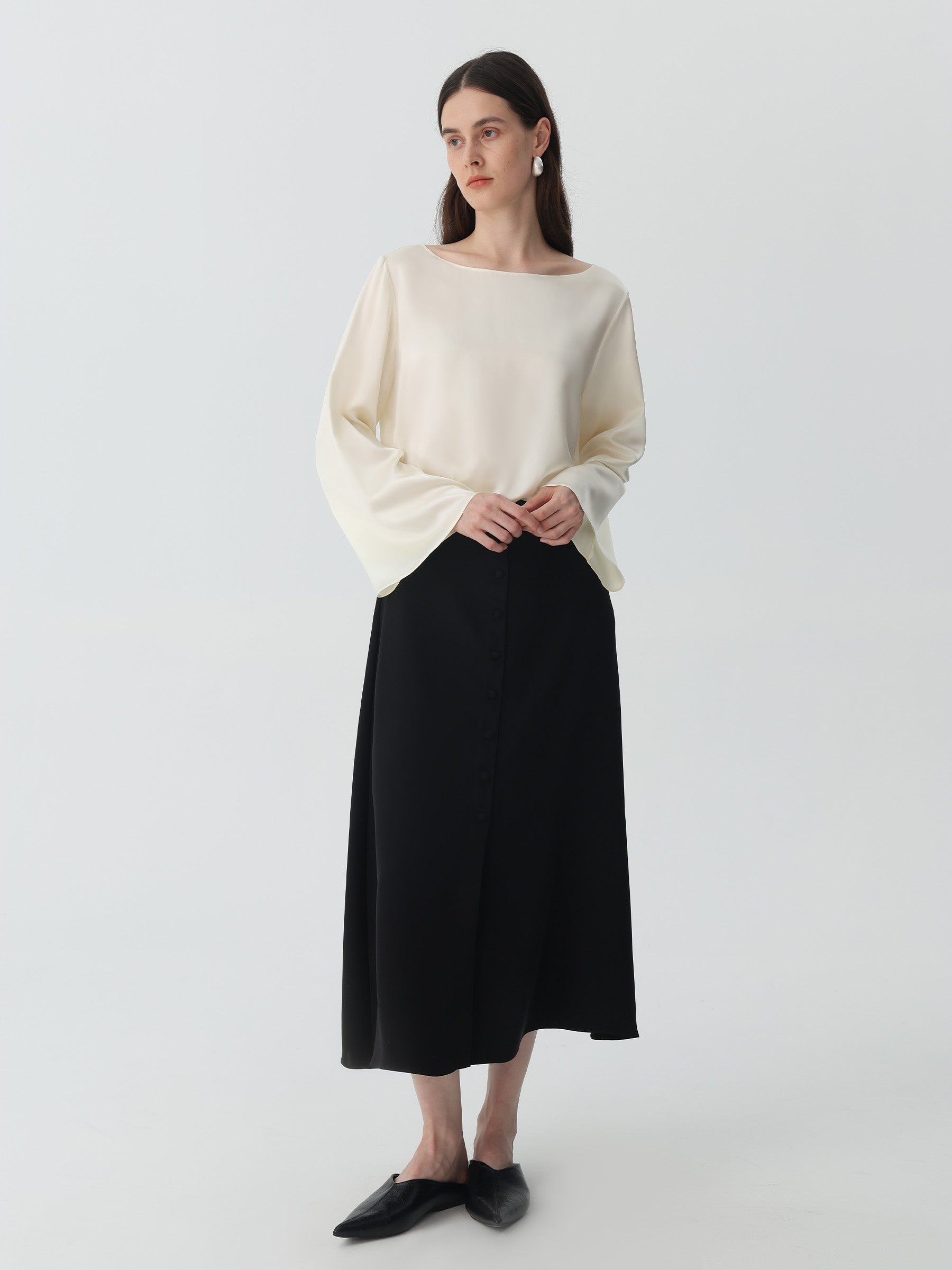 Button-down Silk Midi Skirt #color_Black
