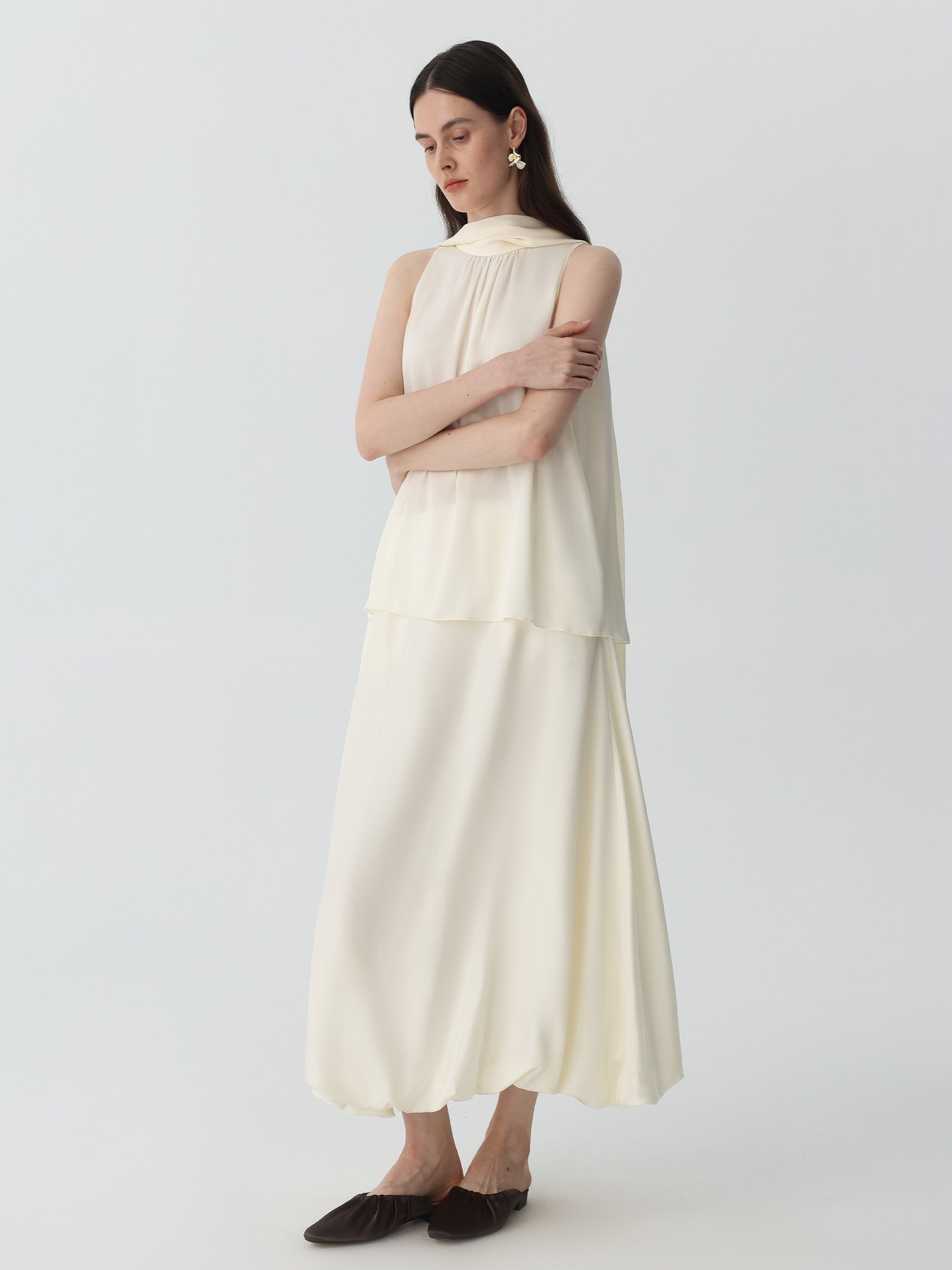 Tulip Balloon Skirt in Twill Silk #color_Ivory White
