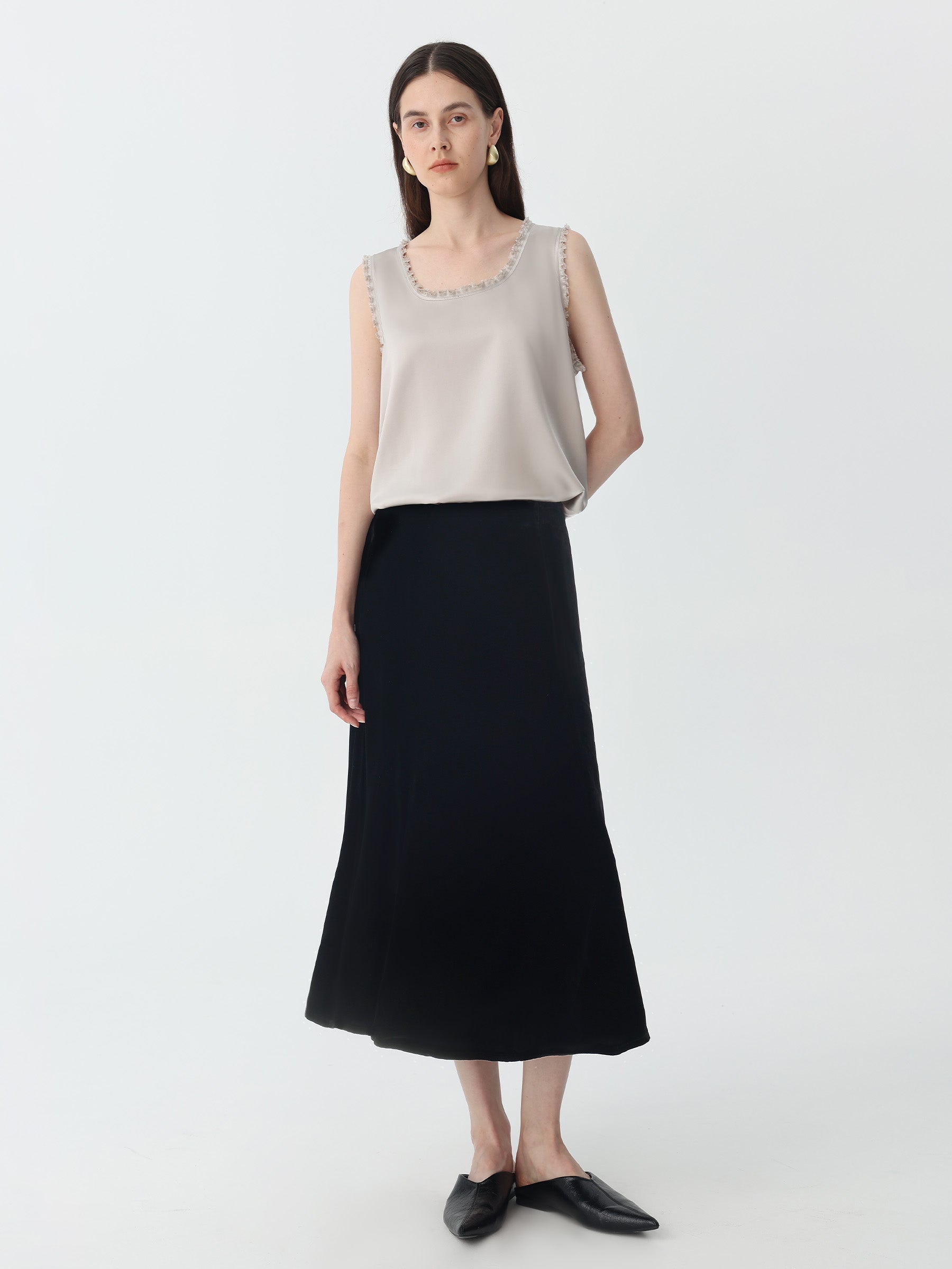 A-Line Midi Skirt in Silk Velvet #color_Black