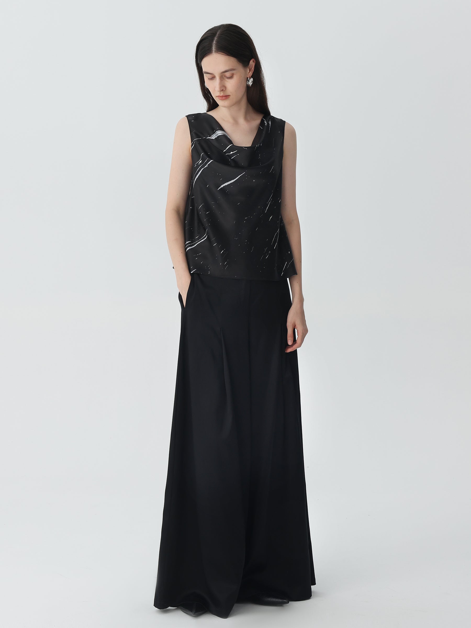 Sleeveless Cowl Neck Tank Top in Silk #color_Marble