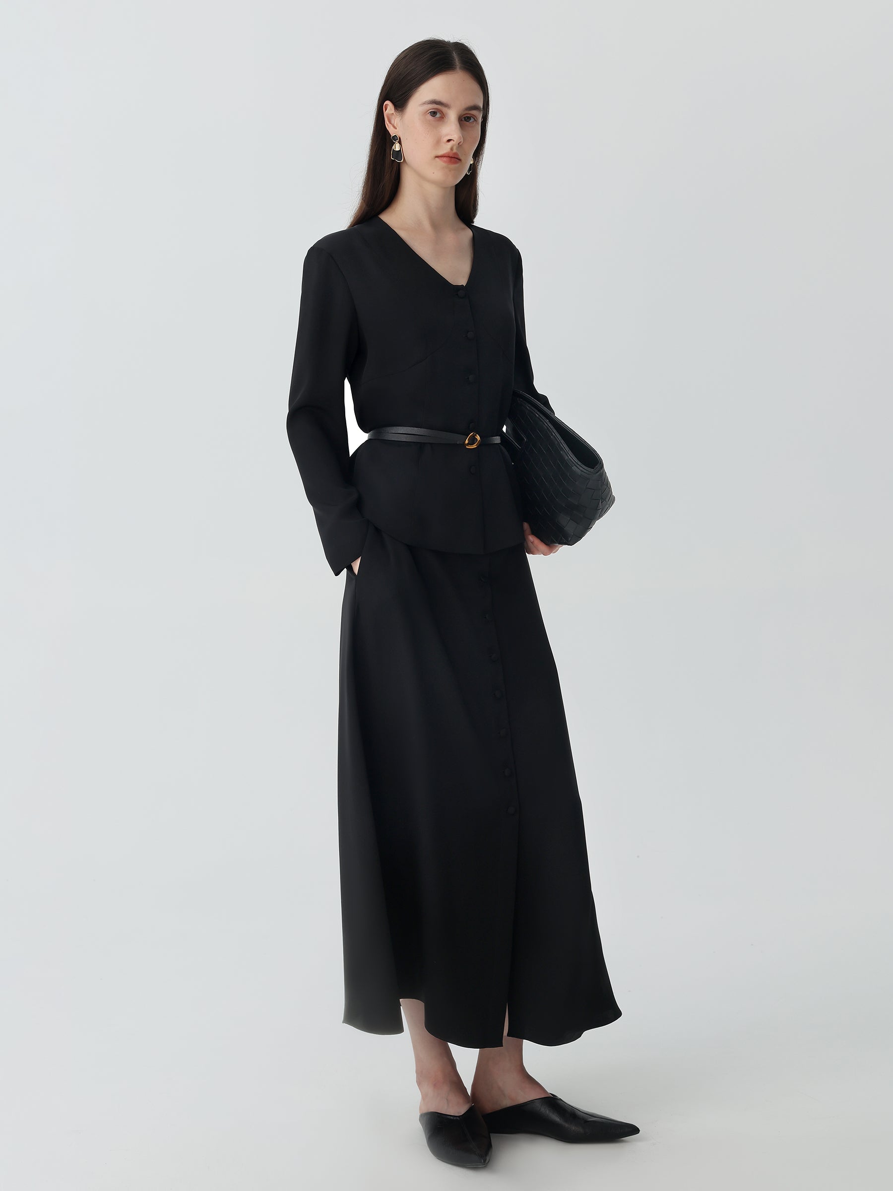 V-Neck Heavy Silk Crepe Cropped Jacket