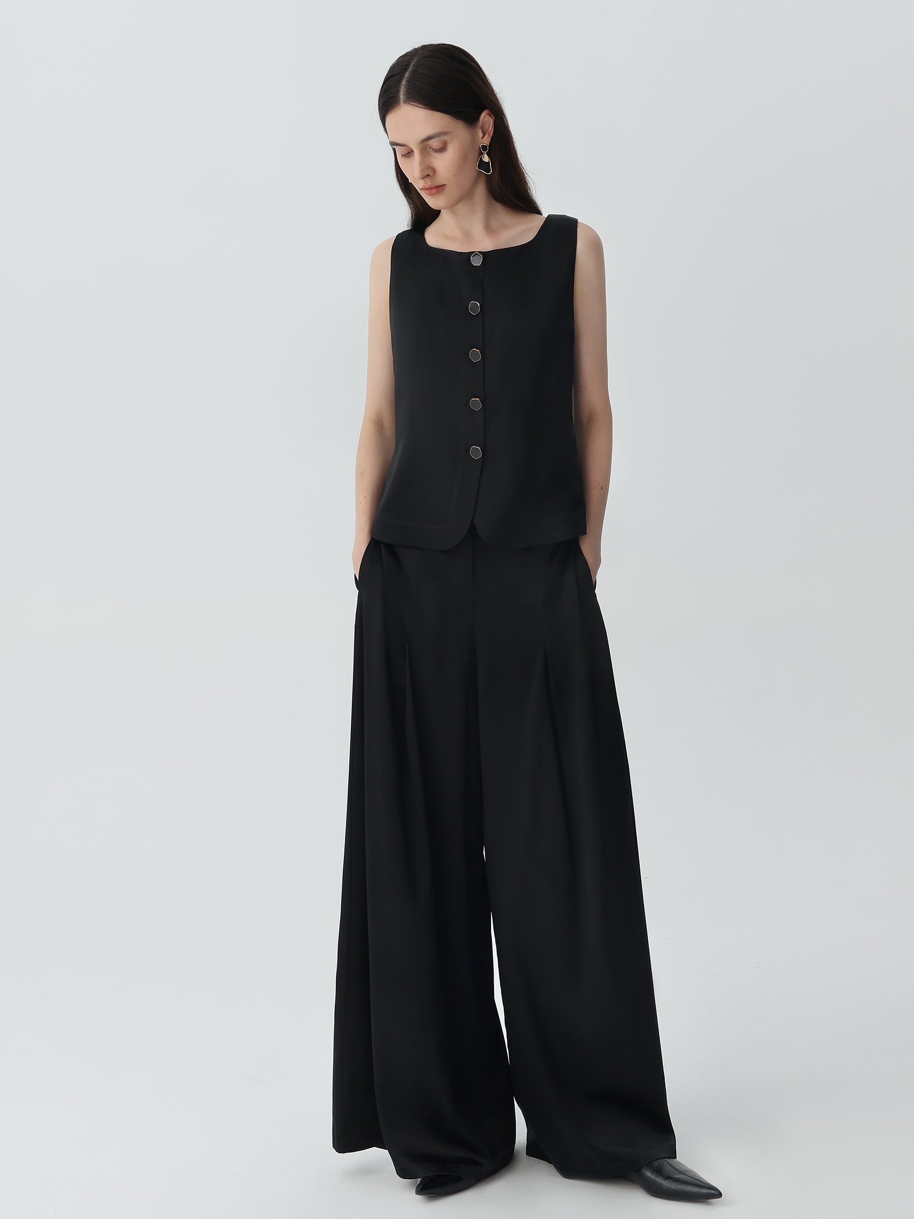 Women's Boat Neck Silk Vest #color_Black