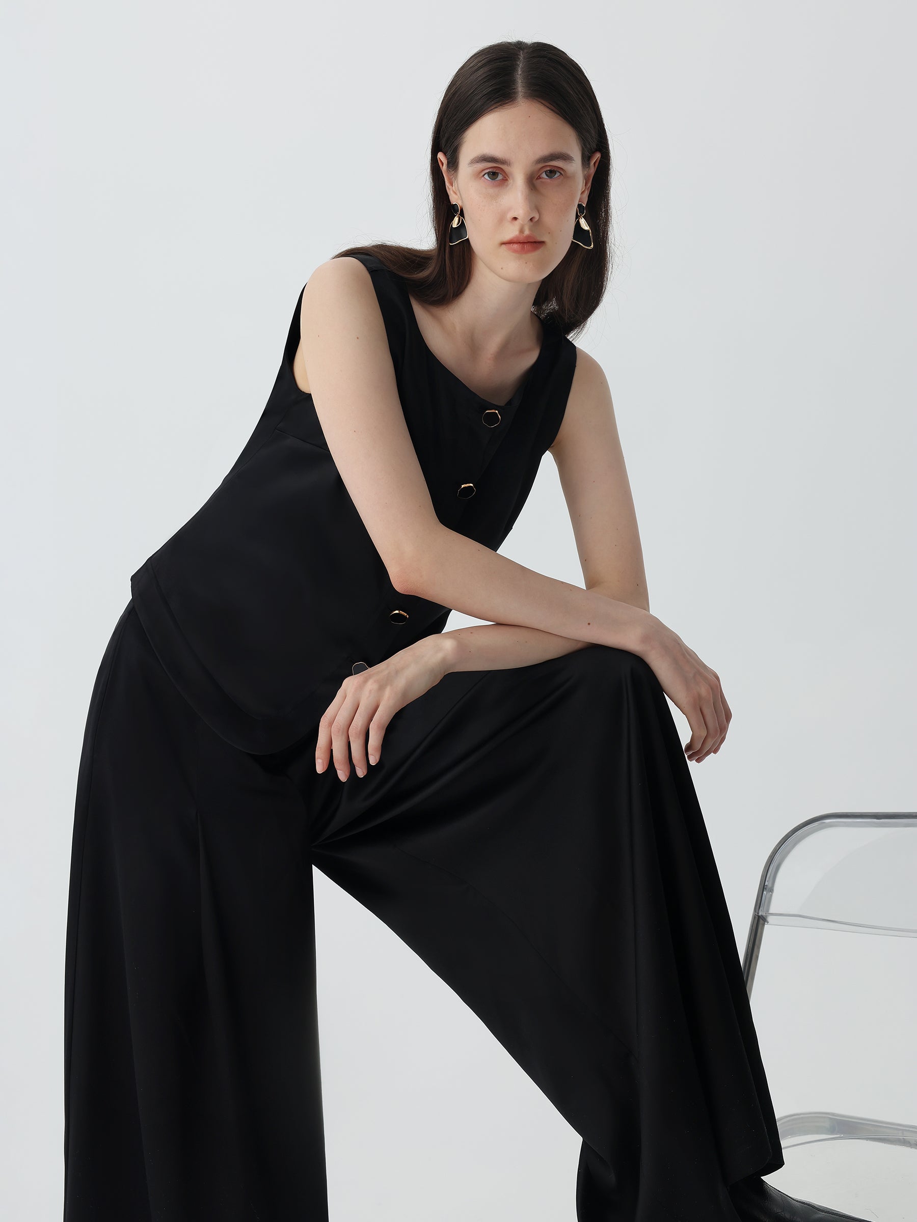 Women's Boat Neck Silk Vest #color_Black