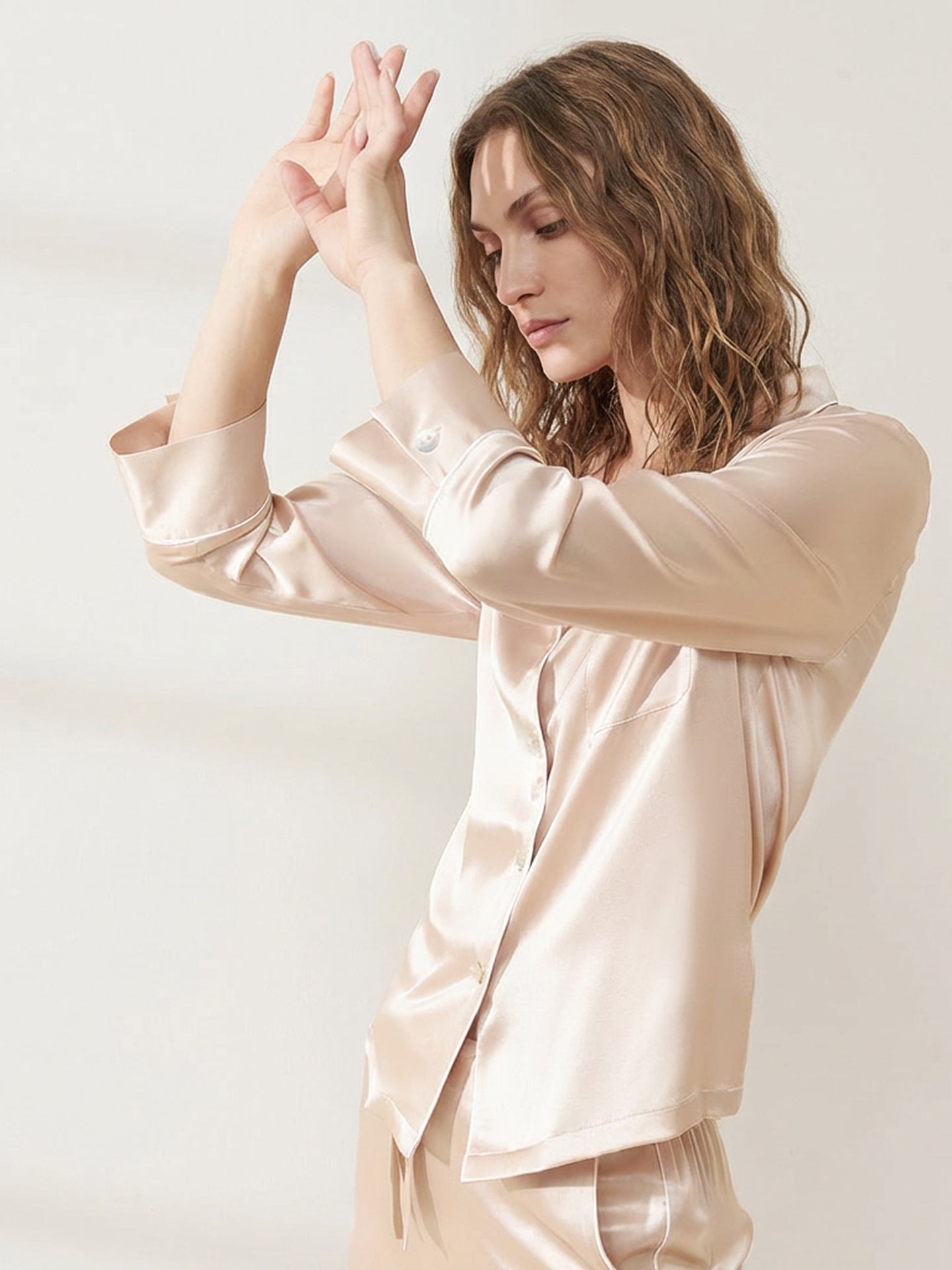 Premium Mulberry Silk Pajama Set#color_Blush Beige