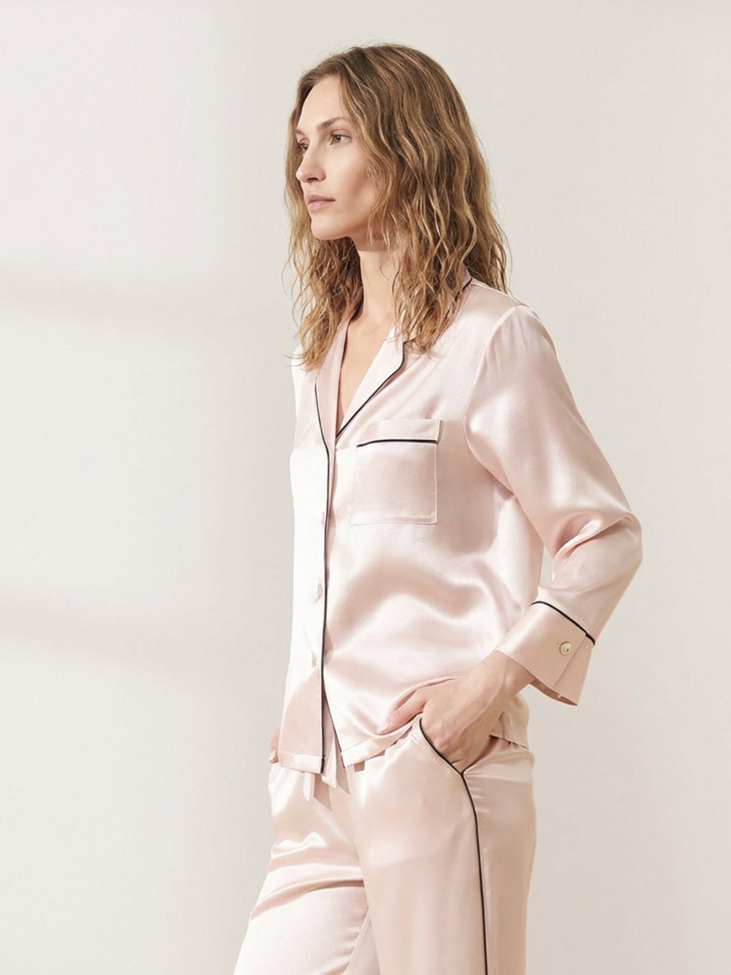 Premium Mulberry Silk Pajama Set#color_Blush Beige