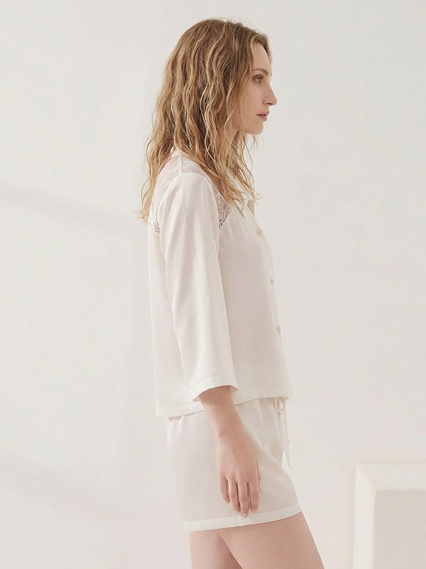 Mulberry Silk Lace Pajama Set#color_Withe