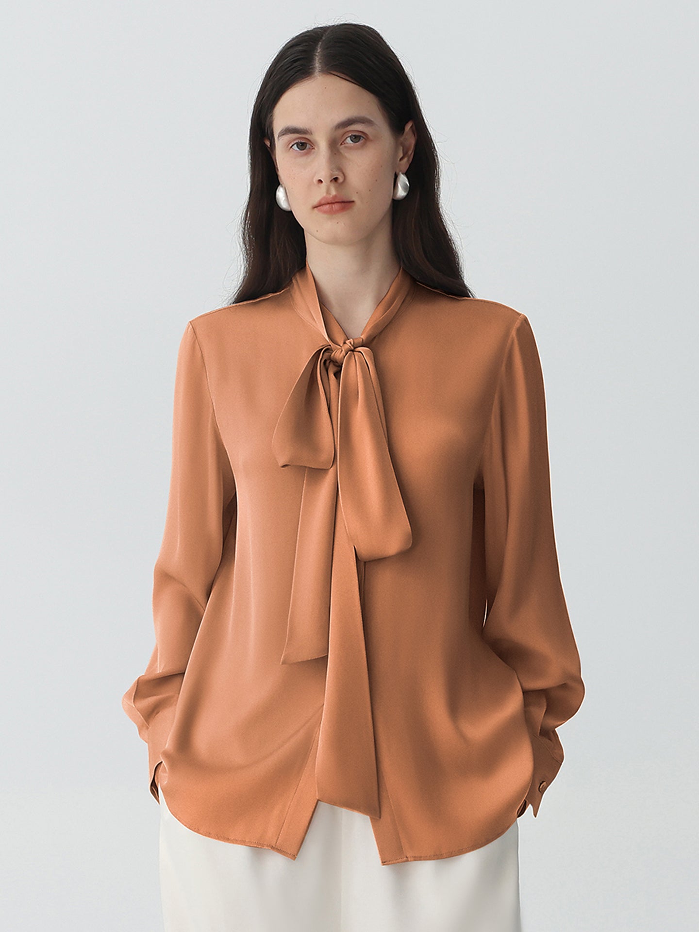 Bow-Tie Neck Silk Blouse #color_Caramel