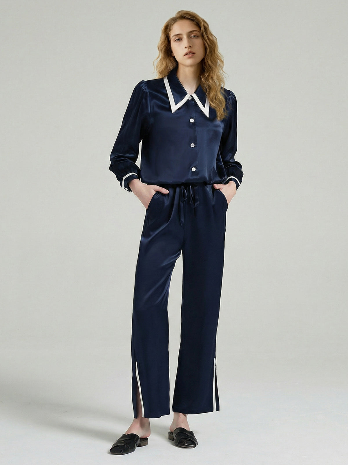 Silk Contrast Collar Pajama Set with Side Slit Pants#color_Navy