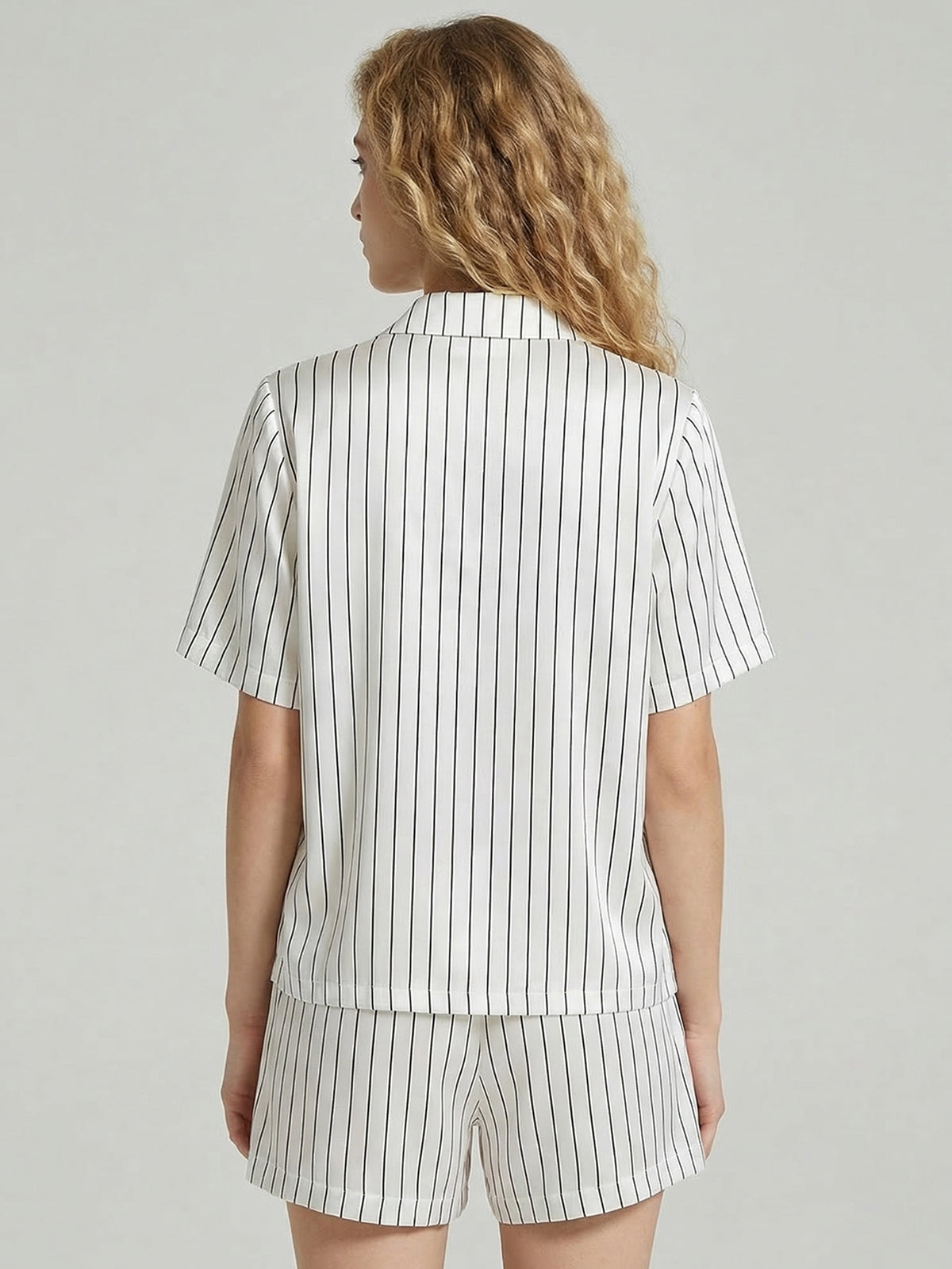 Silk Striped Short Pajama Set with Notch Collar#color_White Stripes