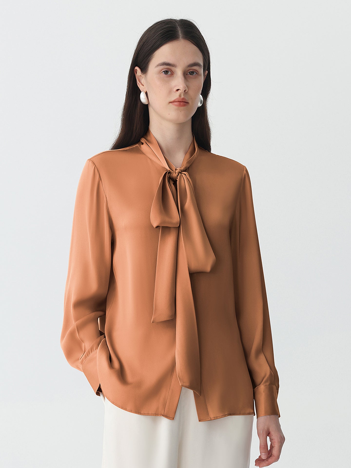Bow-Tie Neck Silk Blouse #color_Caramel