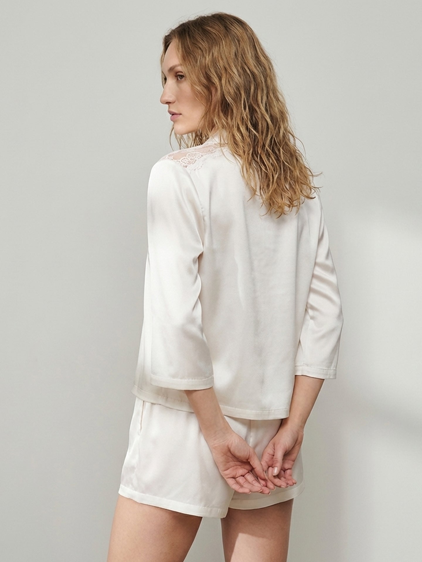 Mulberry Silk Lace Pajama Set#color_Withe