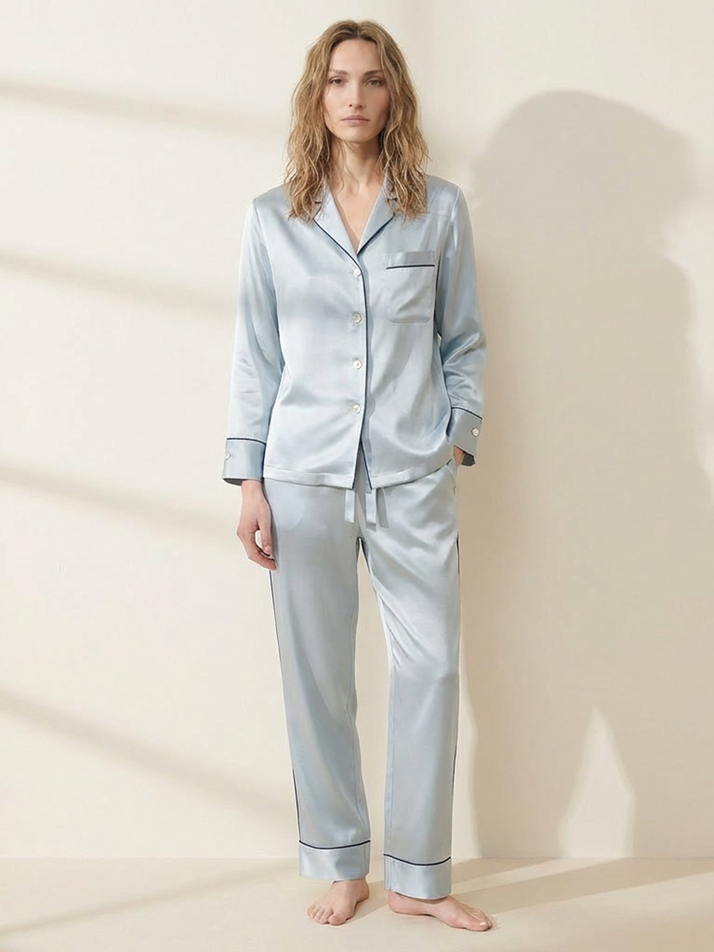 Premium Mulberry Silk Pajama Set#color_Dusty Blue