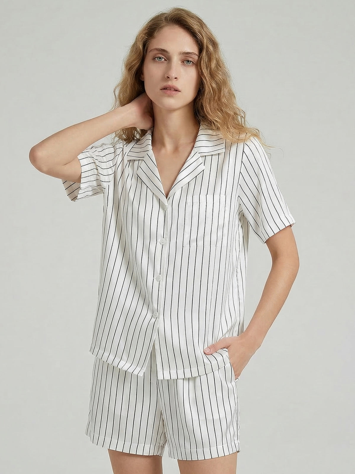 Silk Striped Short Pajama Set with Notch Collar#color_White Stripes