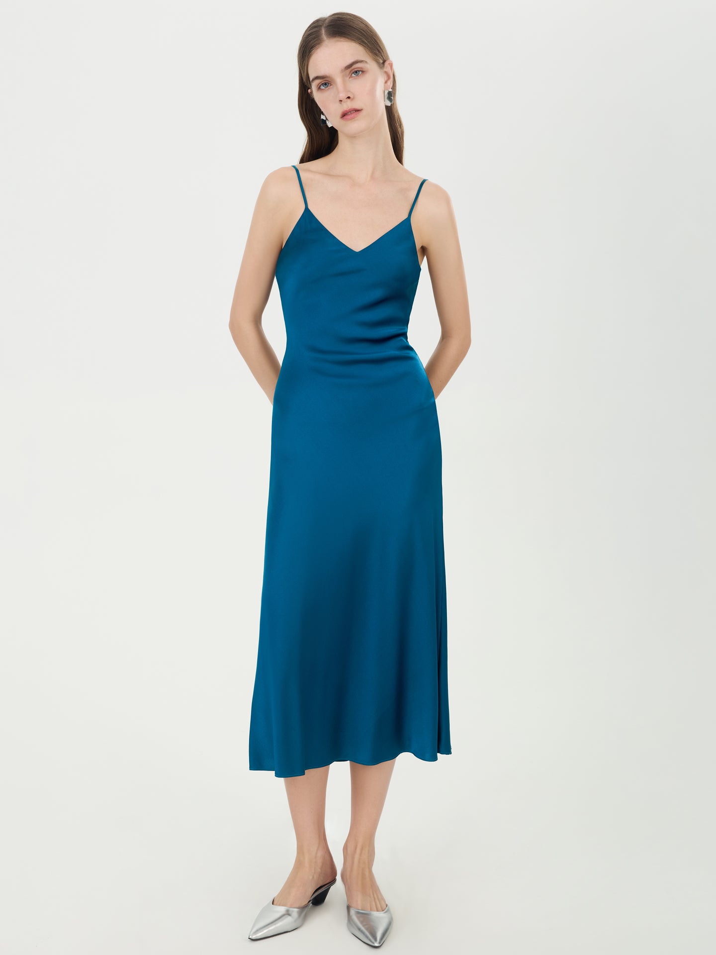 Silk V-Neck Slip Maxi Dress#color_Teal