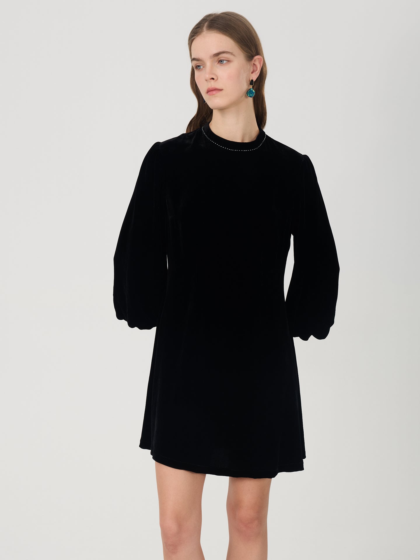 Silk Velvet Lantern Sleeve Mini Dress#color_Black