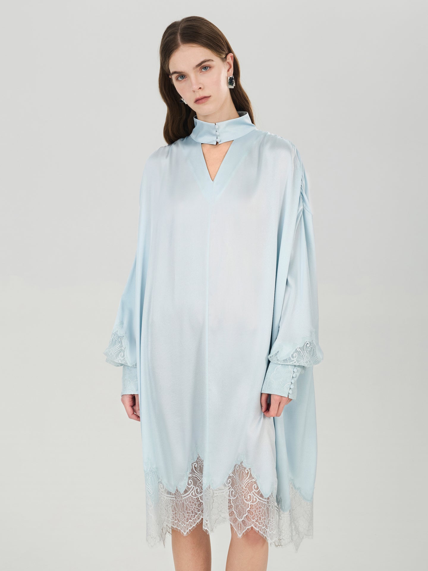 Silk Lace-Trim Balloon Sleeve Dress#color_Baby Blue