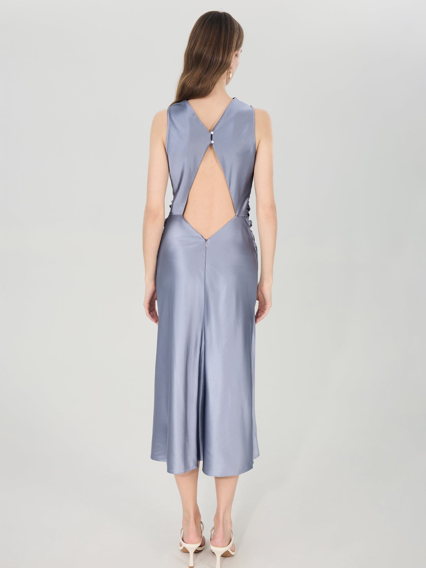 Silk Draped Cowl Neck Midi Dress#color_Blue Grey