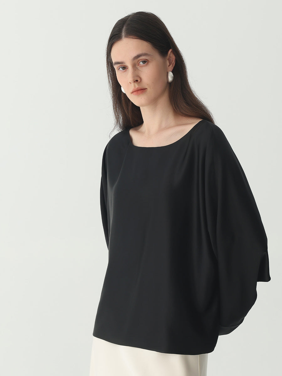 Batwing-Sleeve Blouse in Silk #color_Black