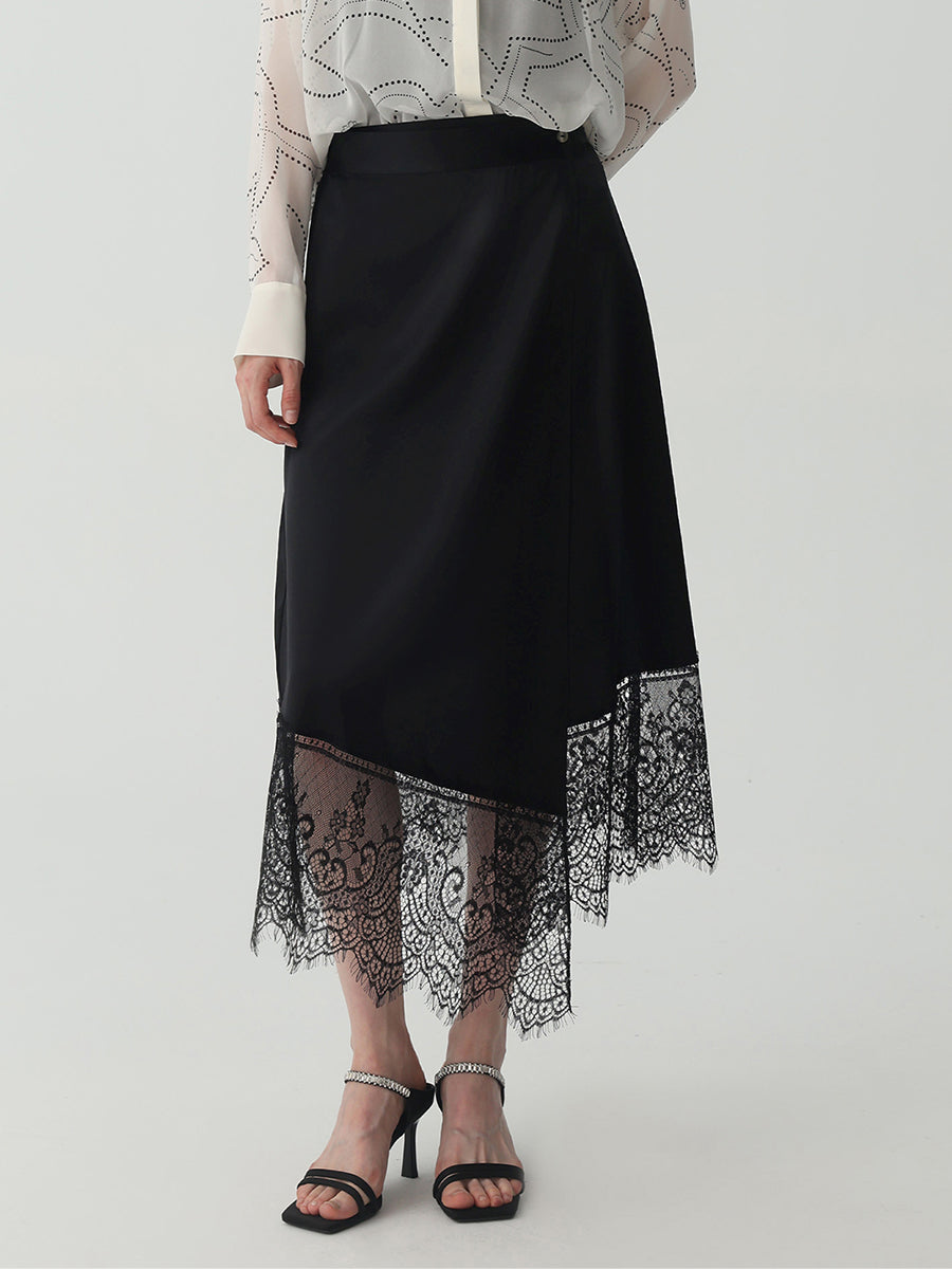 Asymmetrical Lace-Trimmed Midi Skirt #color_Black