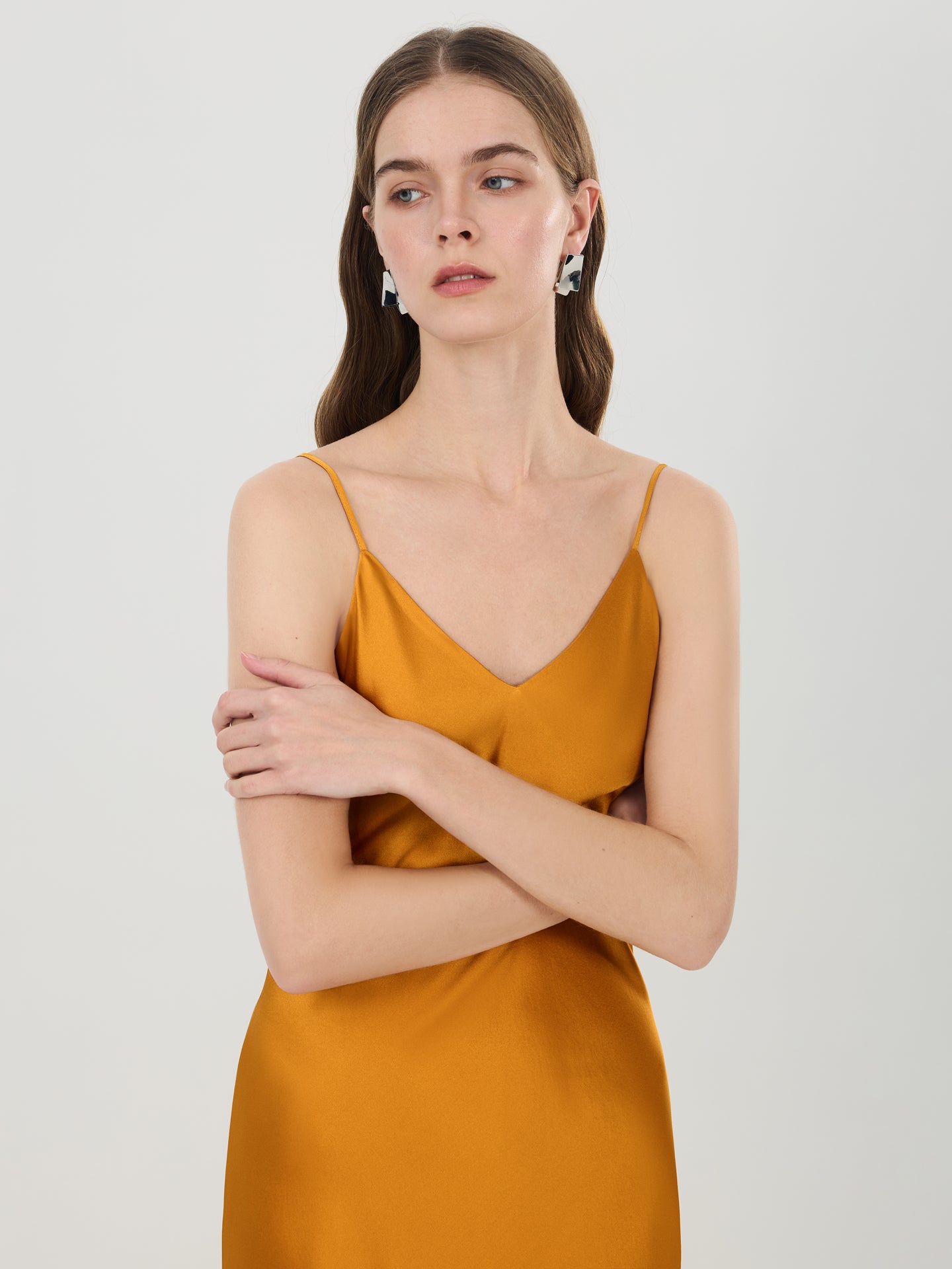 Silk V-Neck Slip Maxi Dress#color_Amber