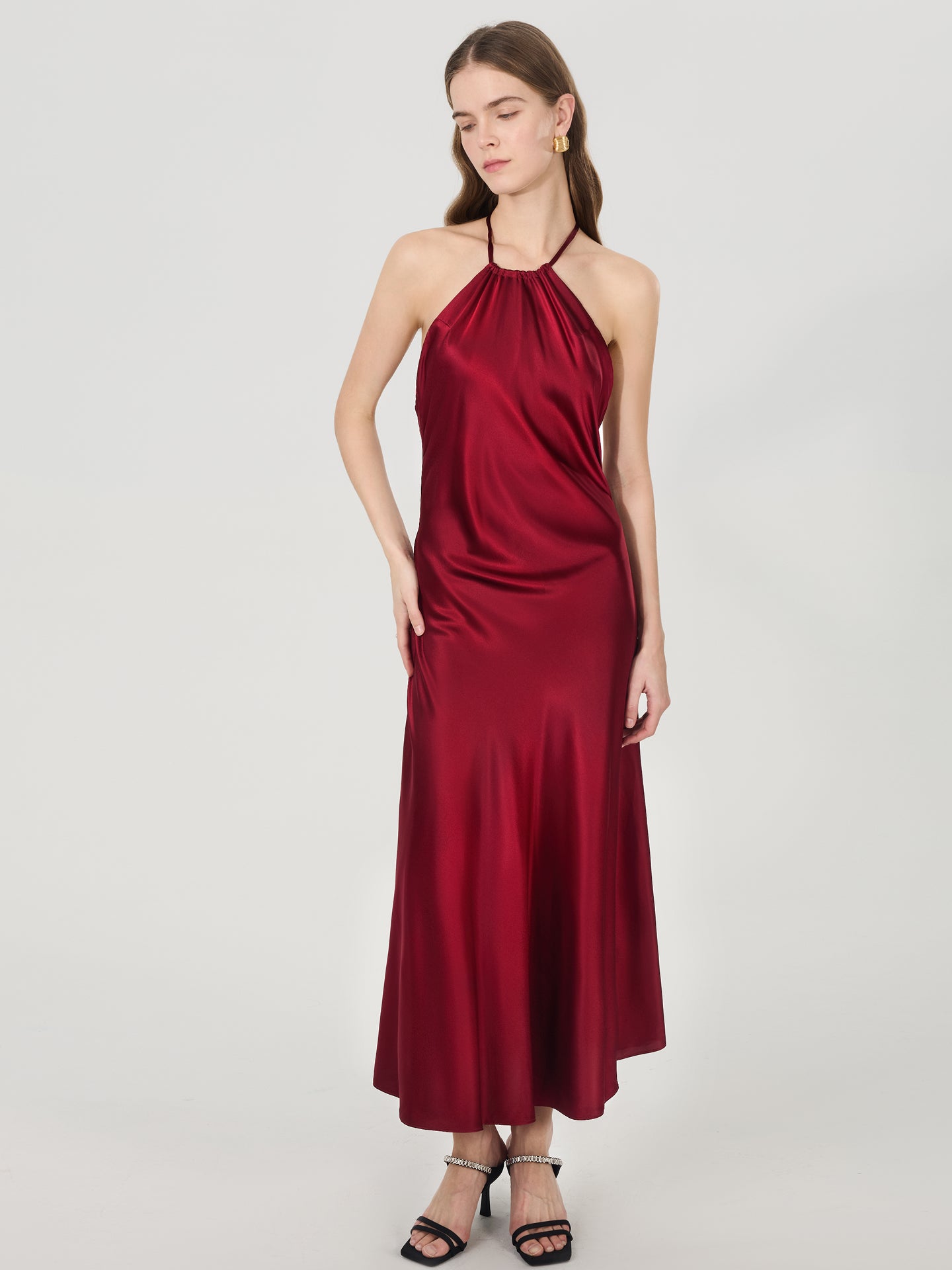 Silk Halter Backless Midi Dress#color_Burgundy