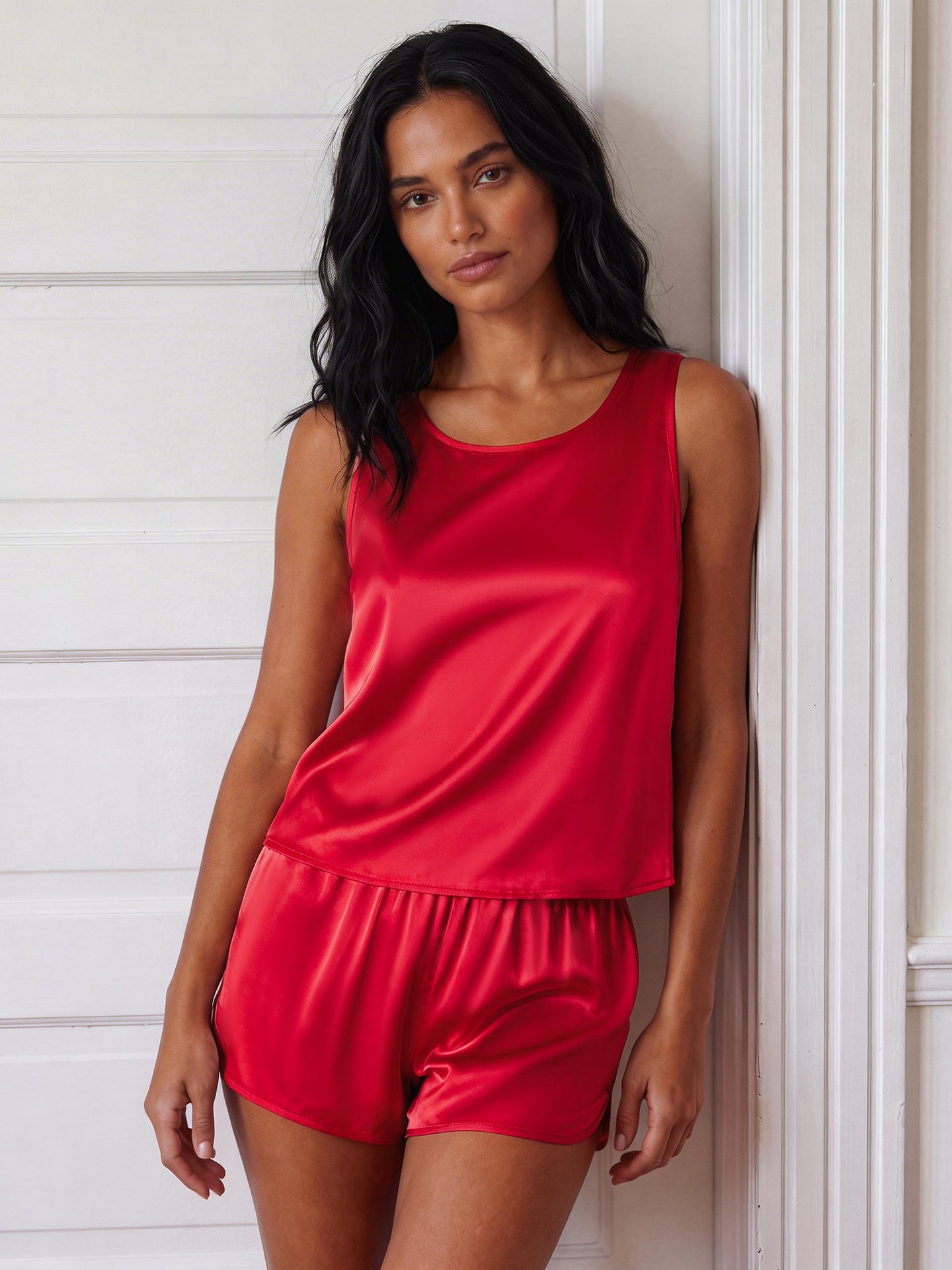 19 Momme Mulberry Silk Tank Pajama Set with Shorts#color_Red