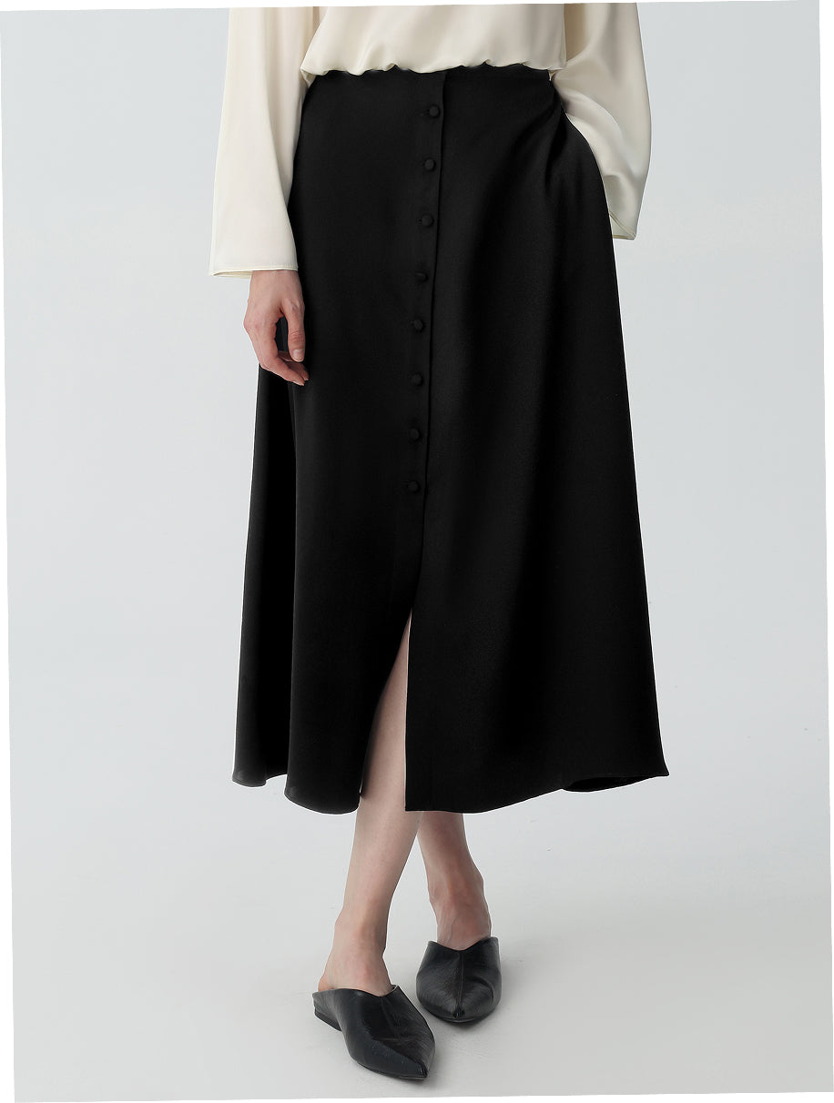 Button-down Silk Midi Skirt #color_Black