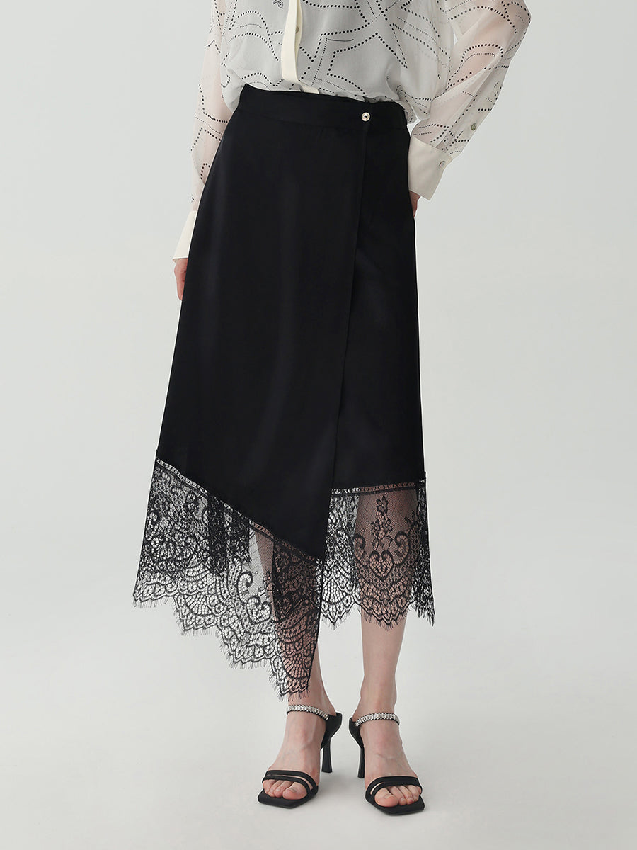 Asymmetrical Lace-Trimmed Midi Skirt #color_Black