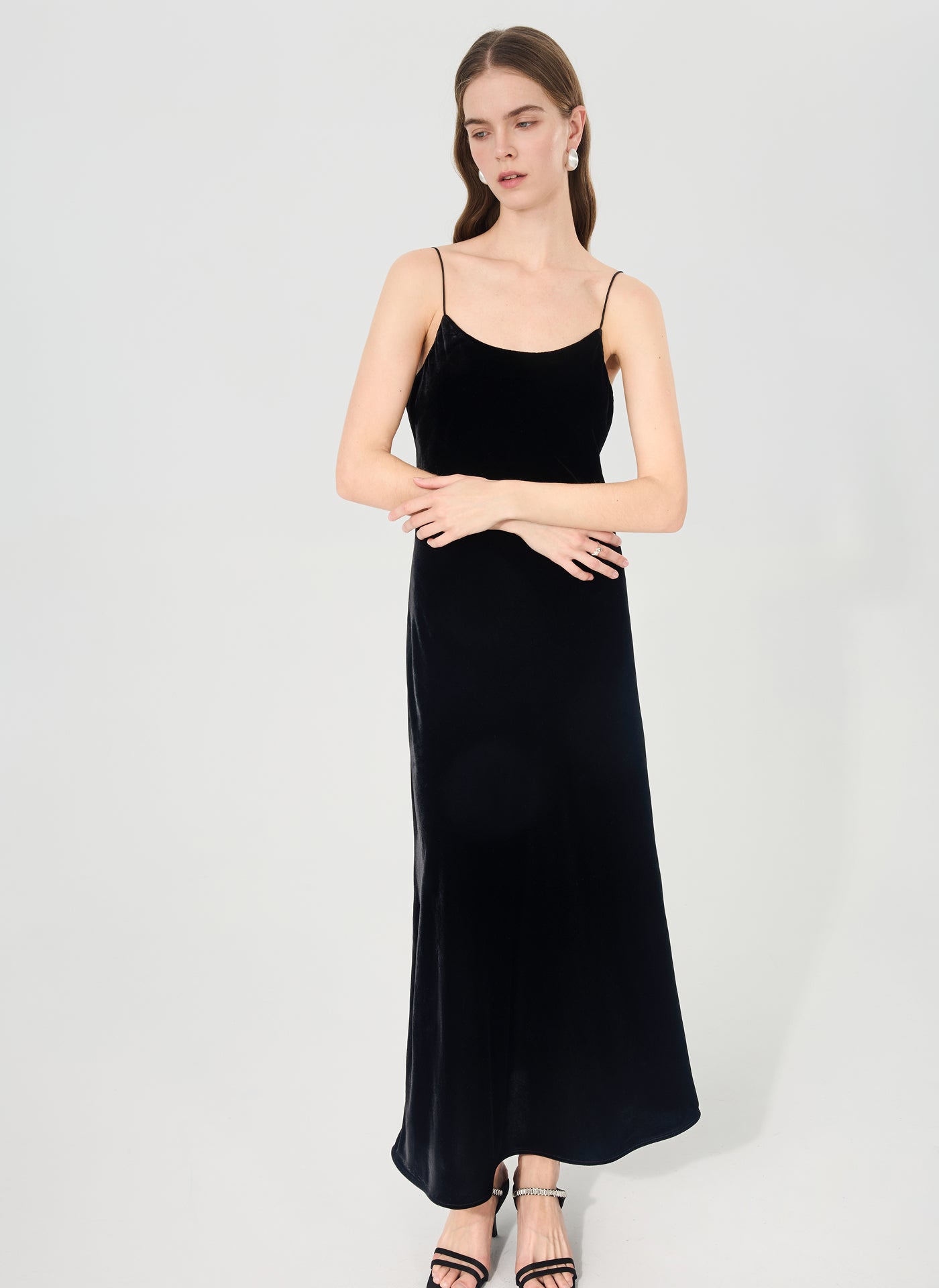 Silk Velvet Slip Dress#color_Black