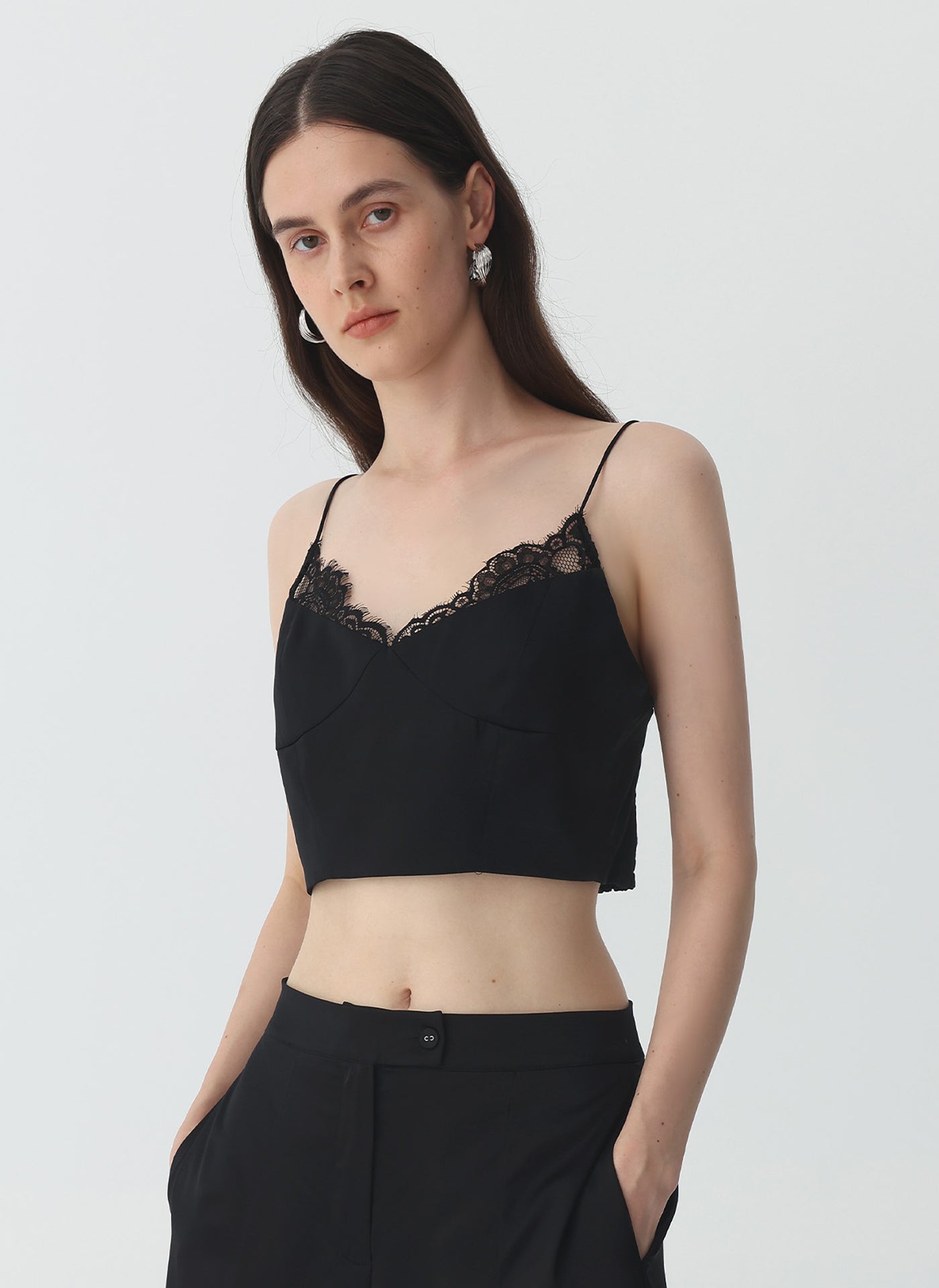 Women's Lace Camisole Crop Top #color_Black