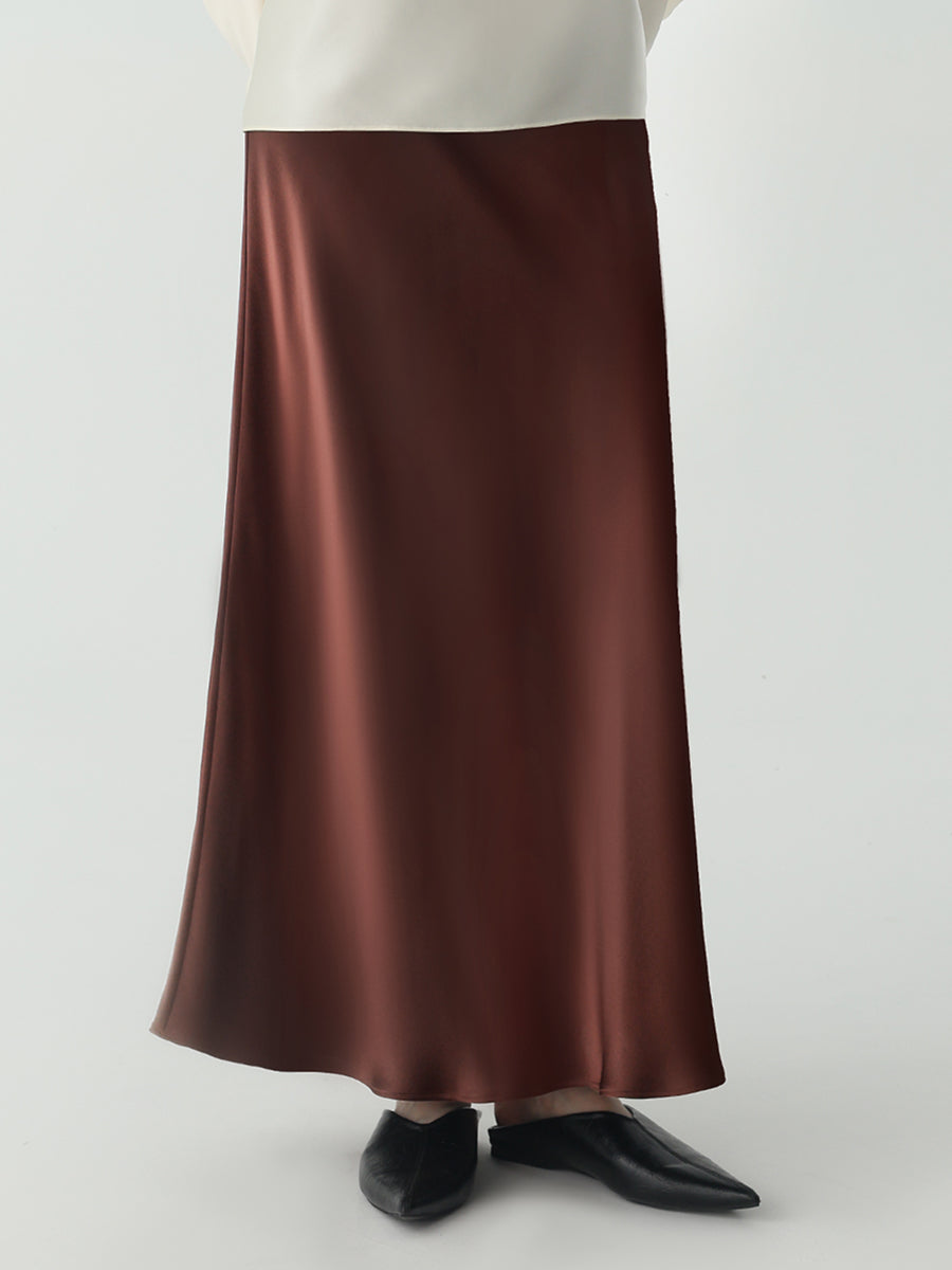 Ankle-length Midi Skirt in Silk #color_Chocolate